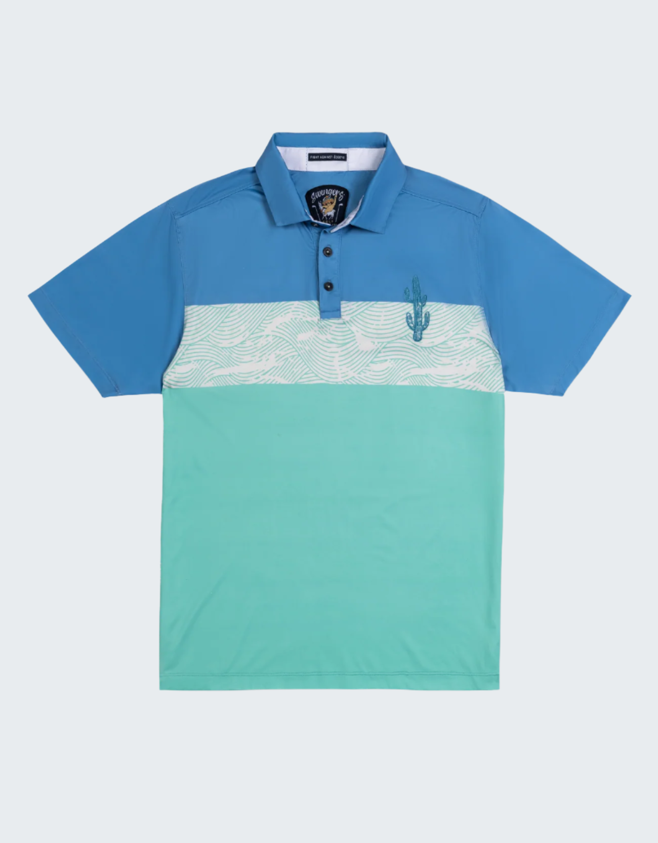 Two-tone blue and teal polo shirt with cactus design on a white background