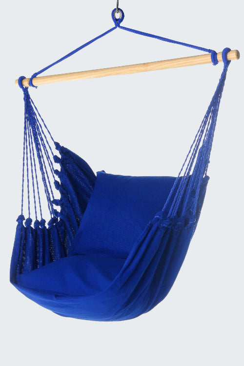Blue hammock chair with wooden rod on a white background