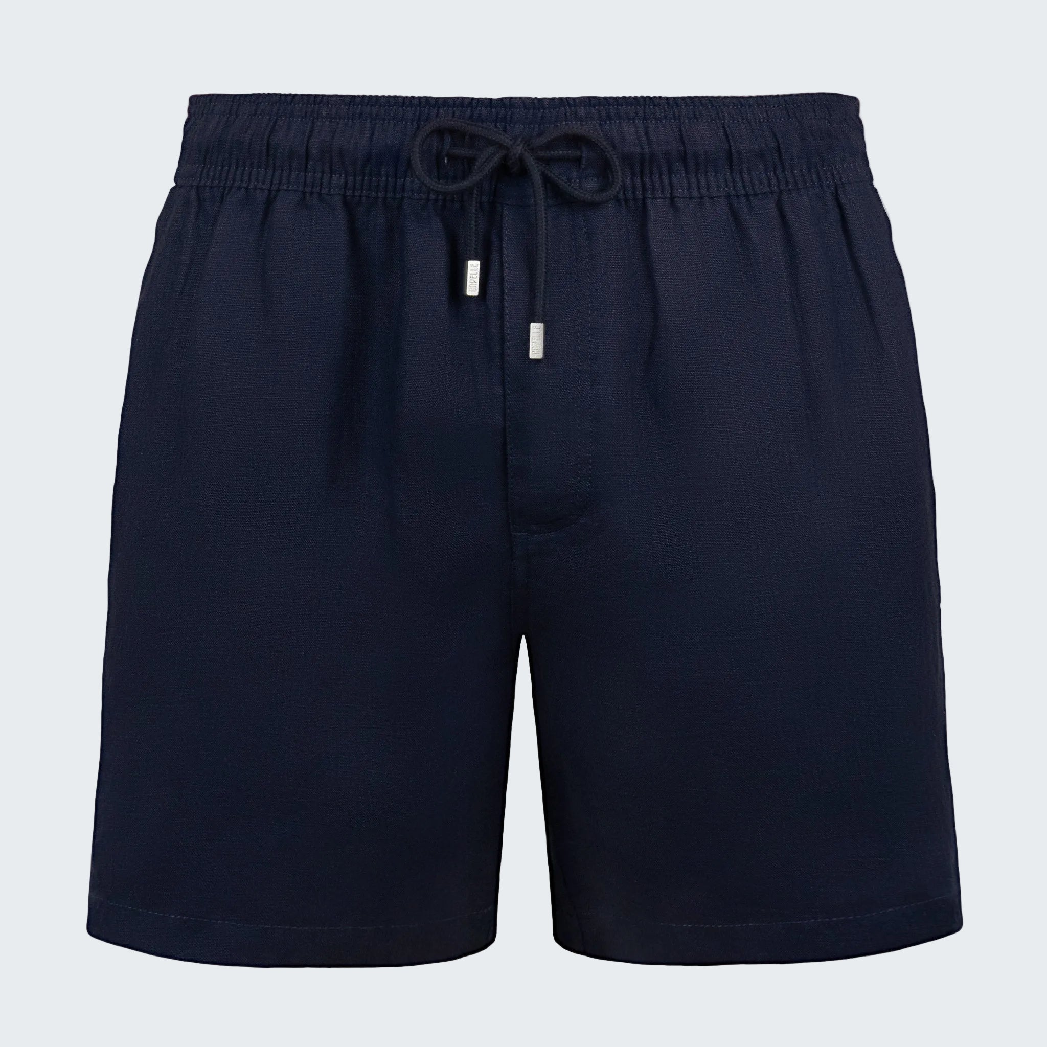 Navy blue shorts with a drawstring on a white background