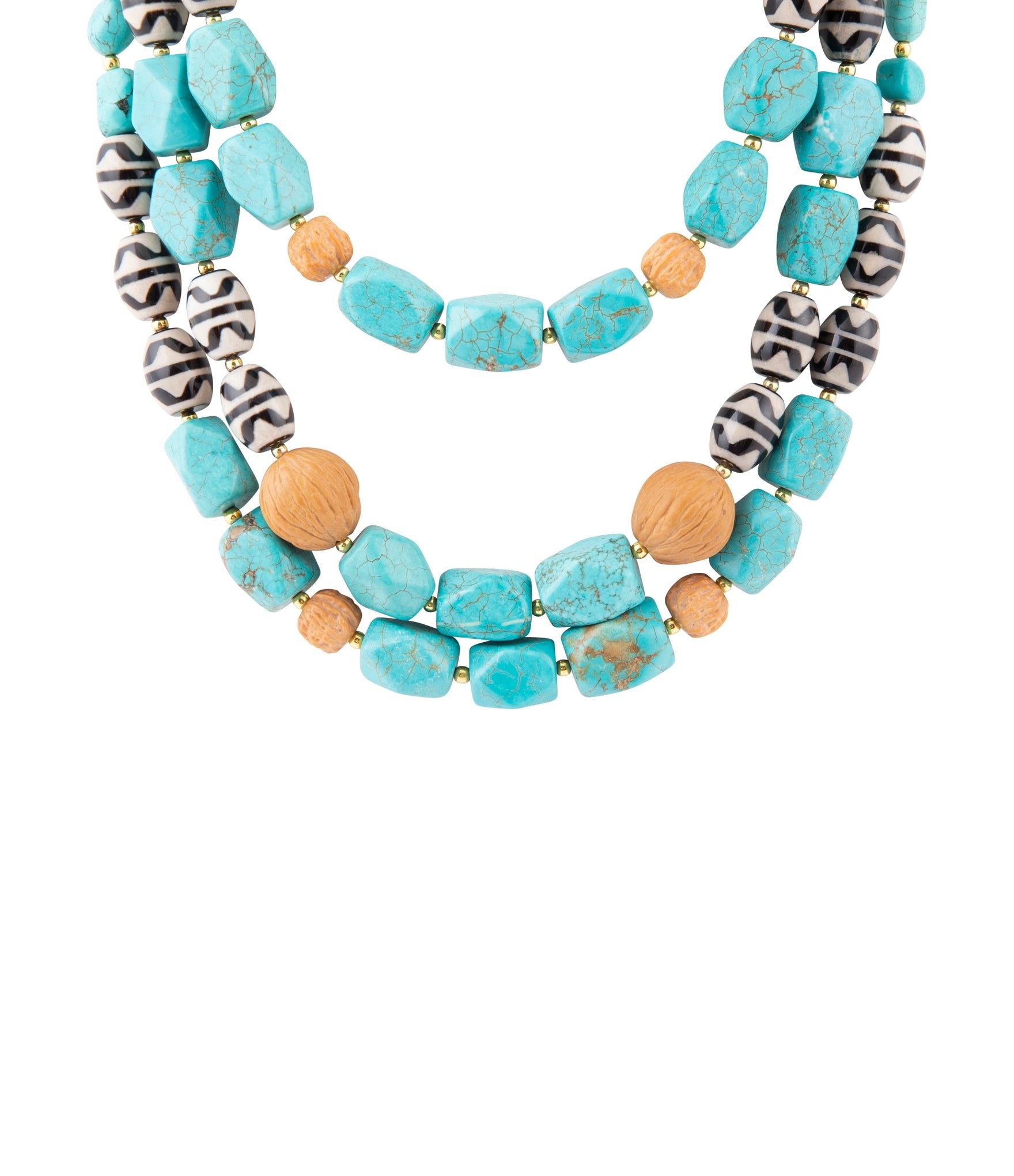 Necklace with turquoise beads and zebra-patterned accents on a white background