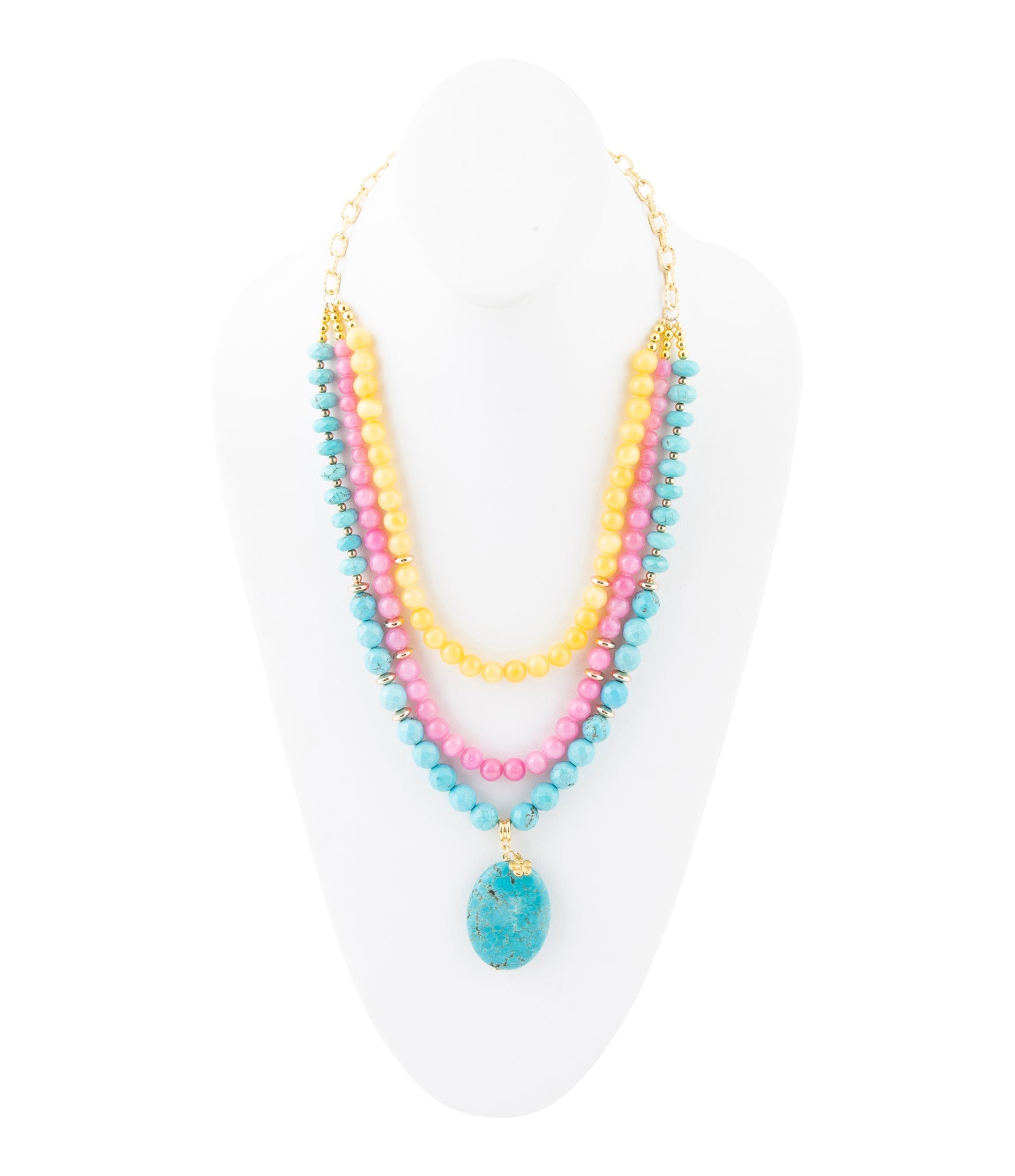 Multicolored beaded necklace with a turquoise pendant on a white background