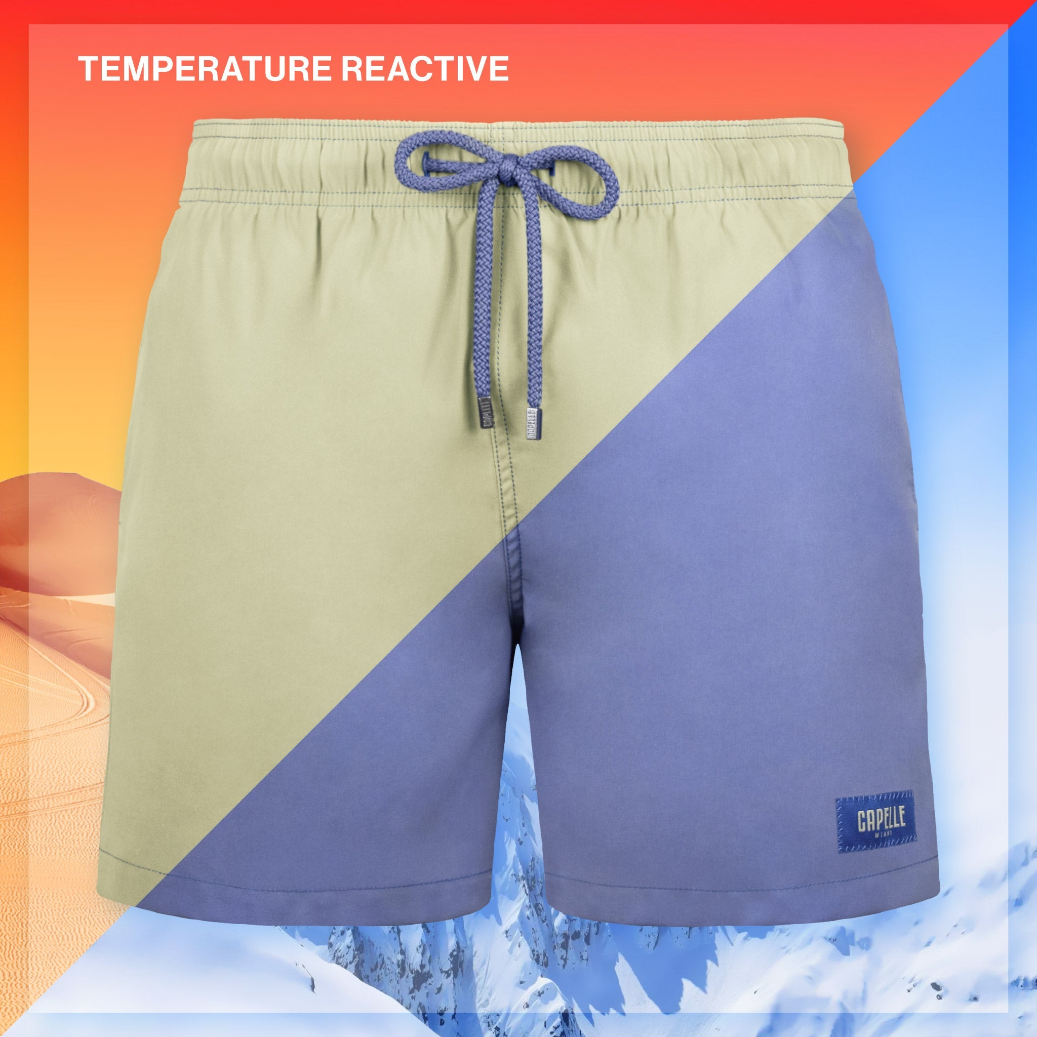 Color-blocked shorts with a temperature reactive feature on a gradient background