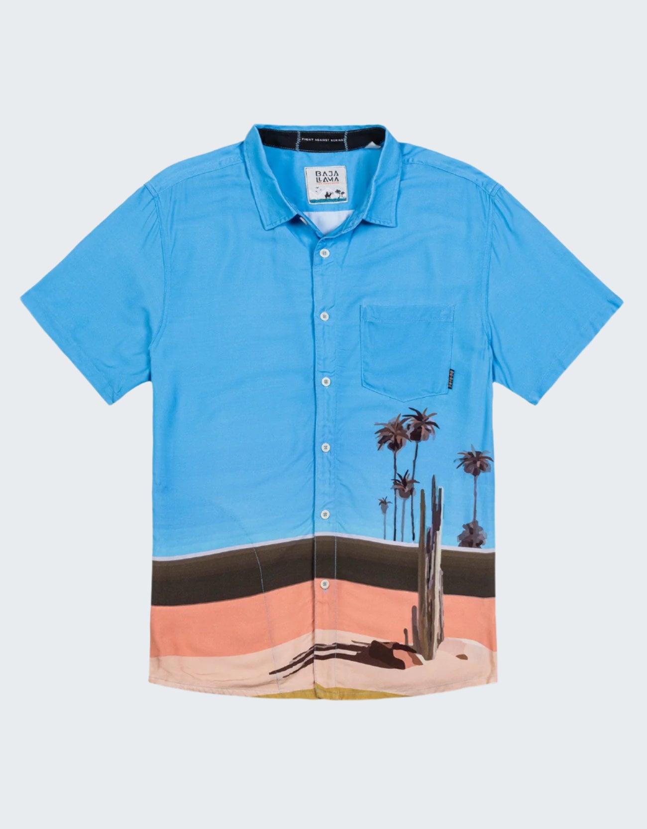 Blue button-up shirt with a desert landscape print on a white background