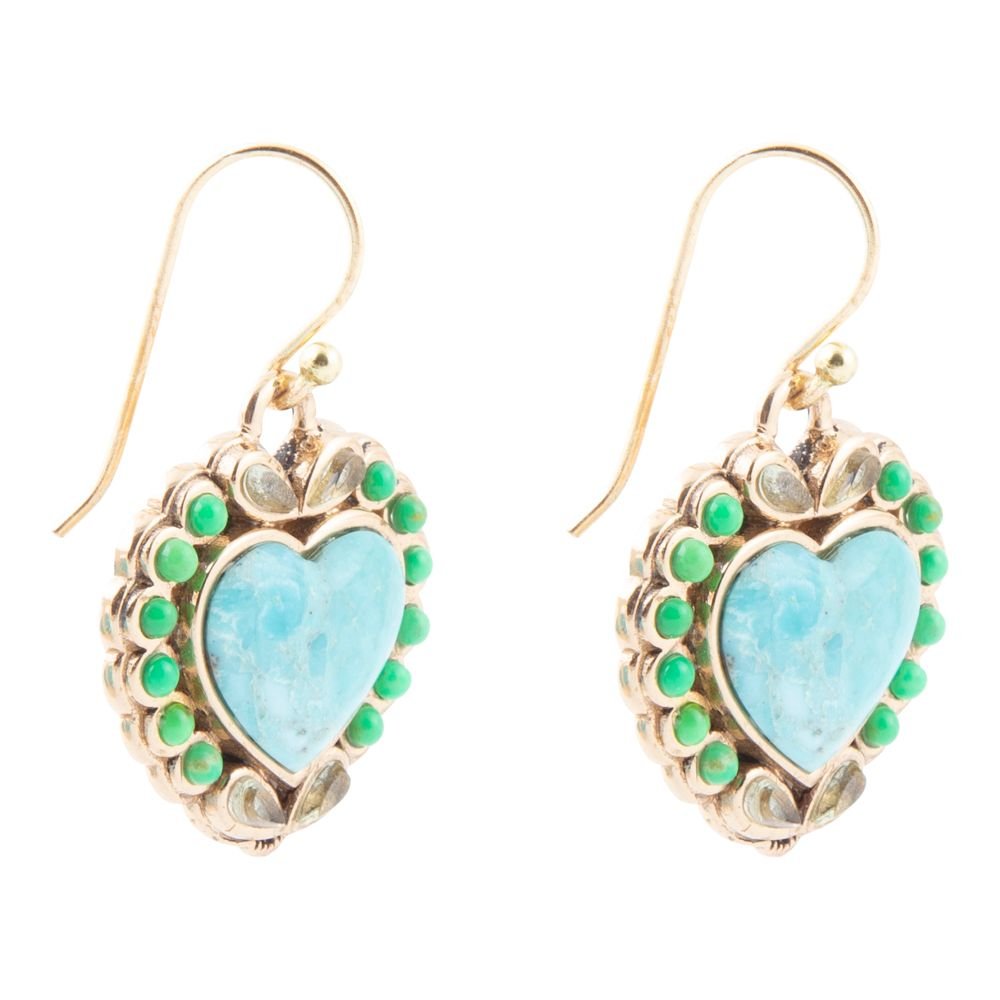 Heart-shaped earrings with turquoise centers and green accents on a white background