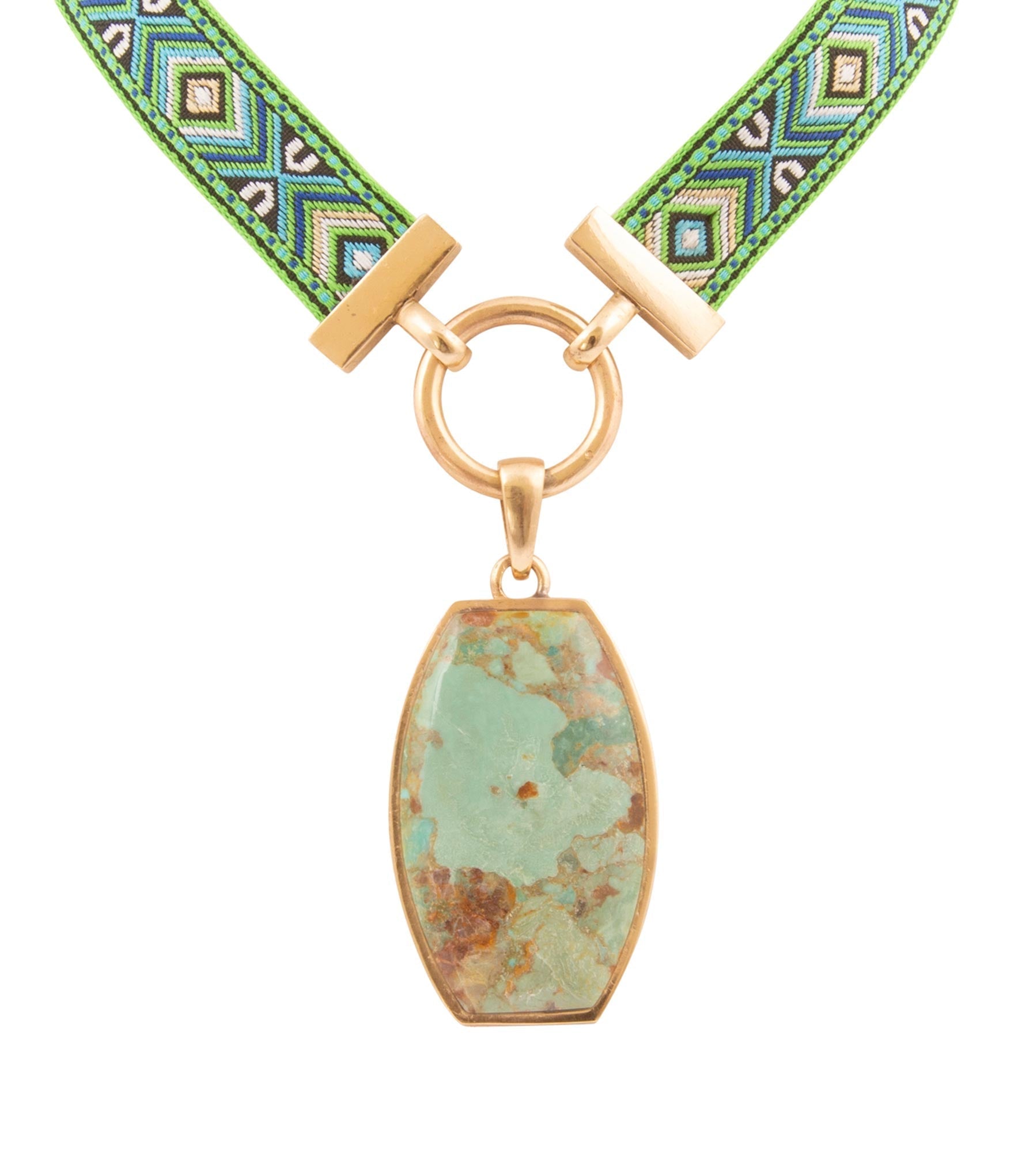 Necklace with a turquoise pendant and green patterned strap on a white background