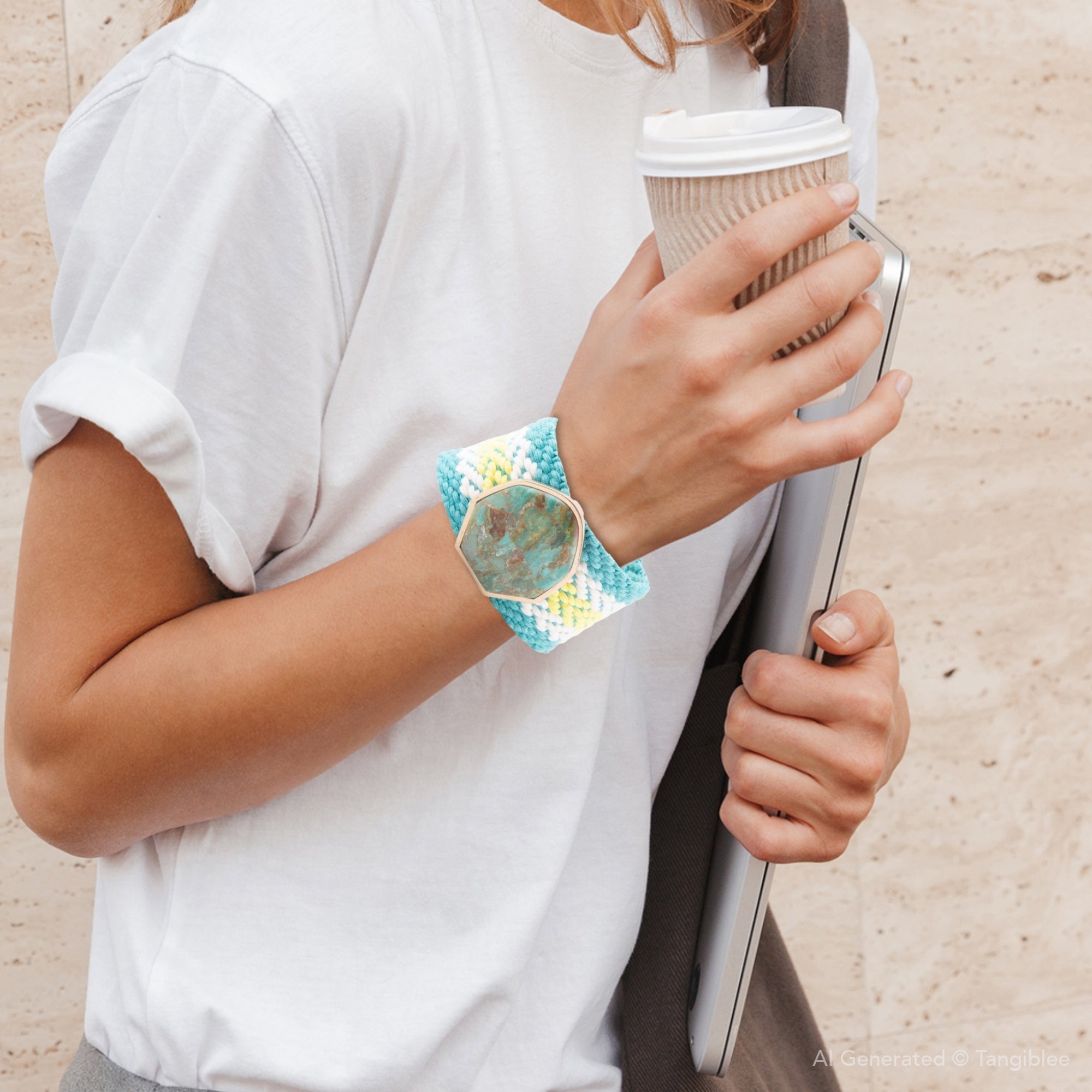 Person holding a coffee cup and a phone with a colorful bracelet on a neutral background