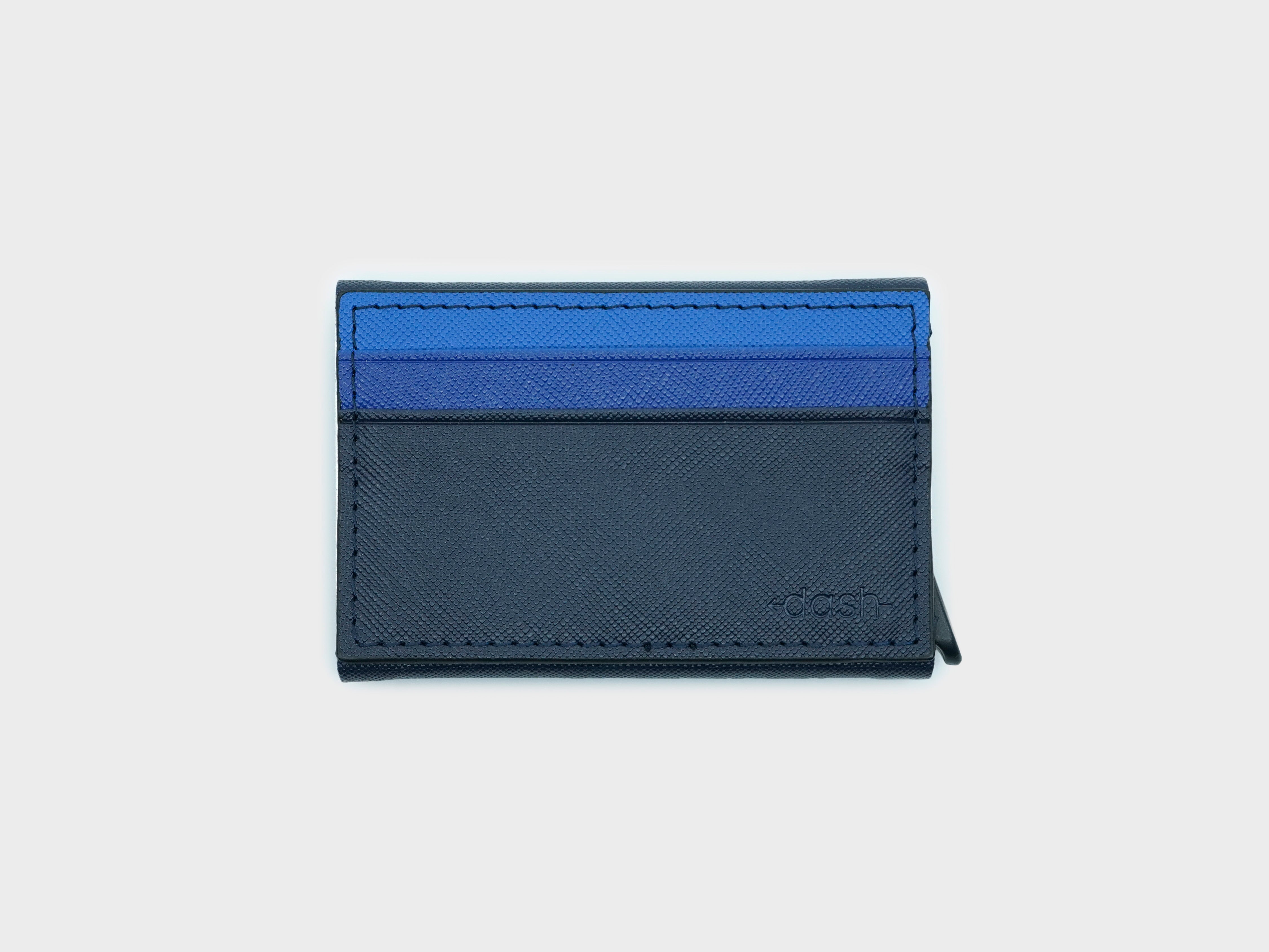 Black cardholder with blue top section on a light gray background