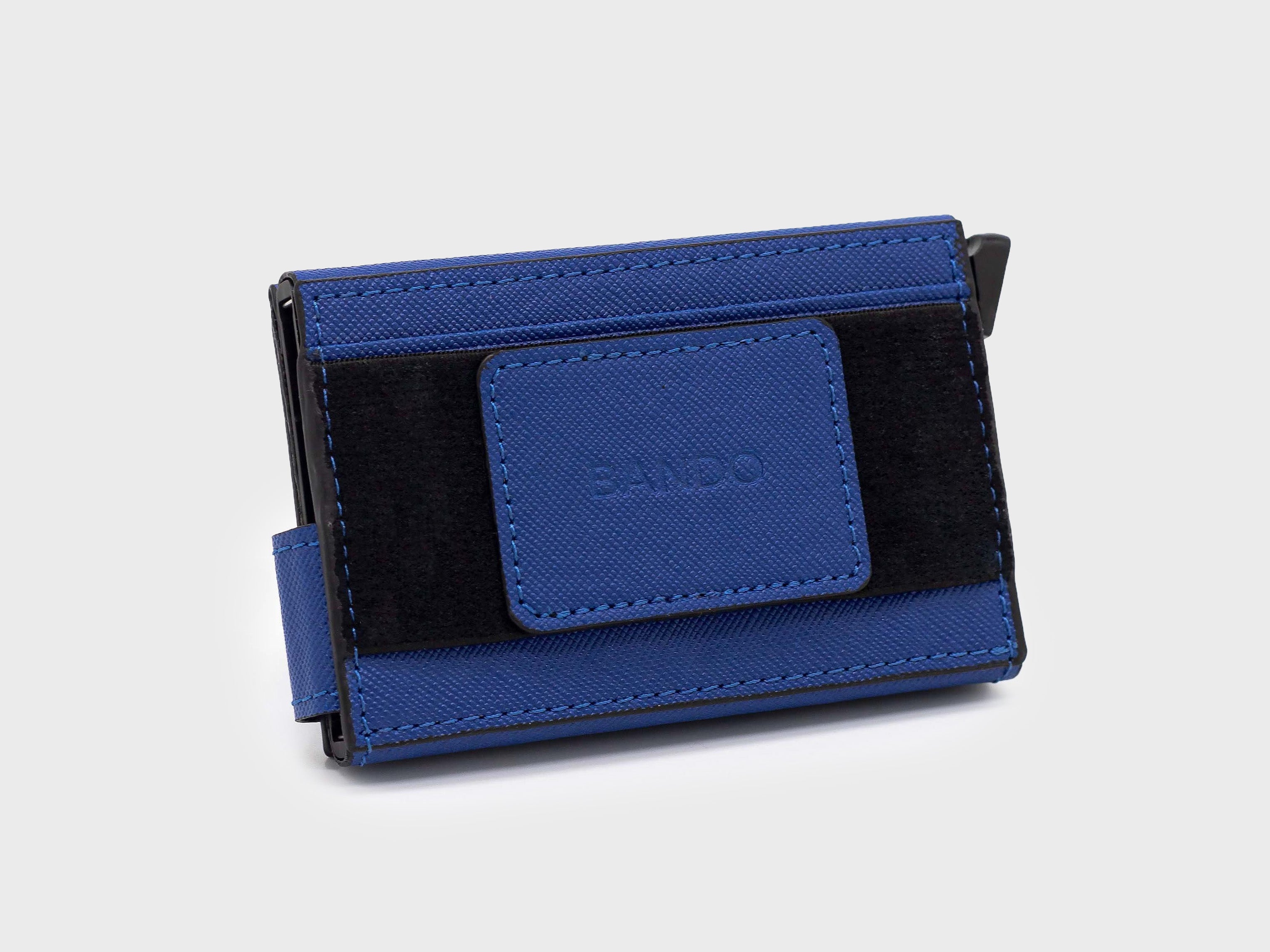 Blue wallet with a card holder on a light gray background
