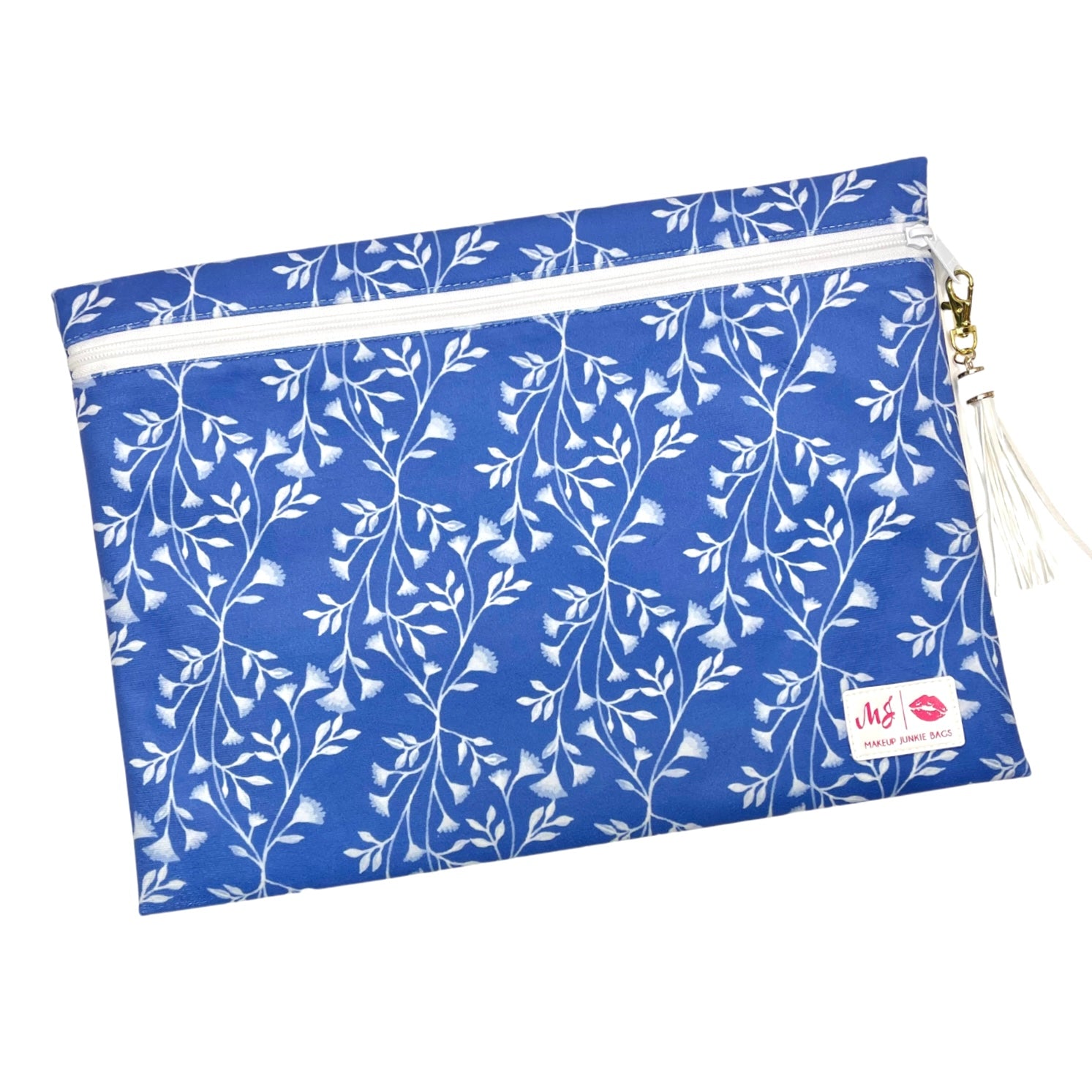 Blue pouch with white floral pattern and visible brand logo on a white background