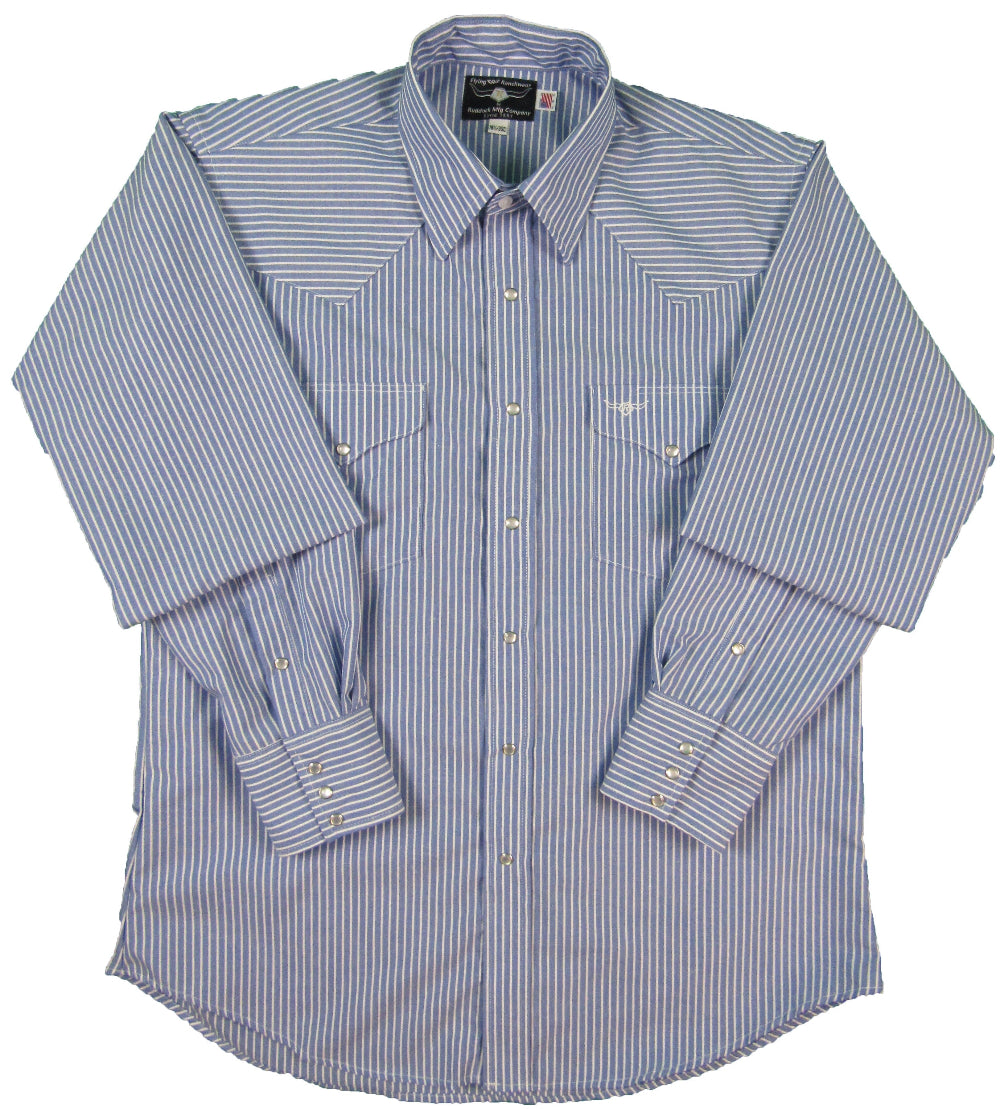 Blue and white striped shirt with long sleeves on a white background