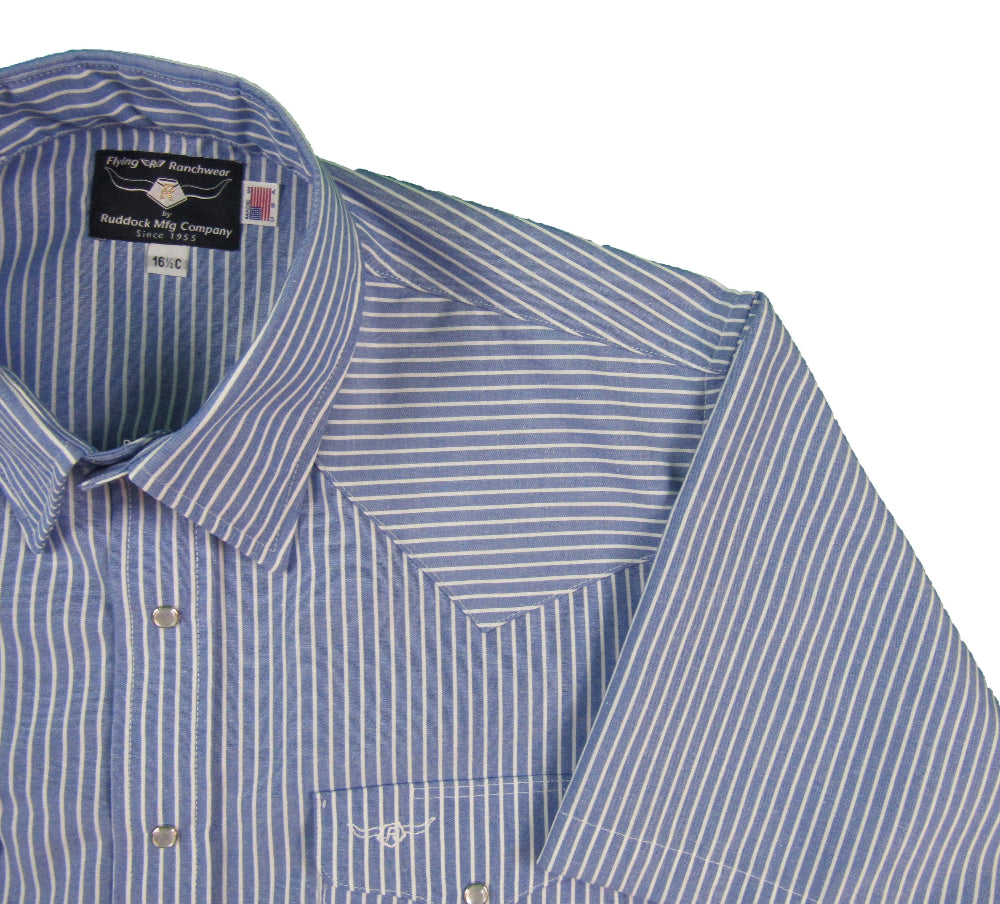 Blue and white striped shirt with a brand label on a white background