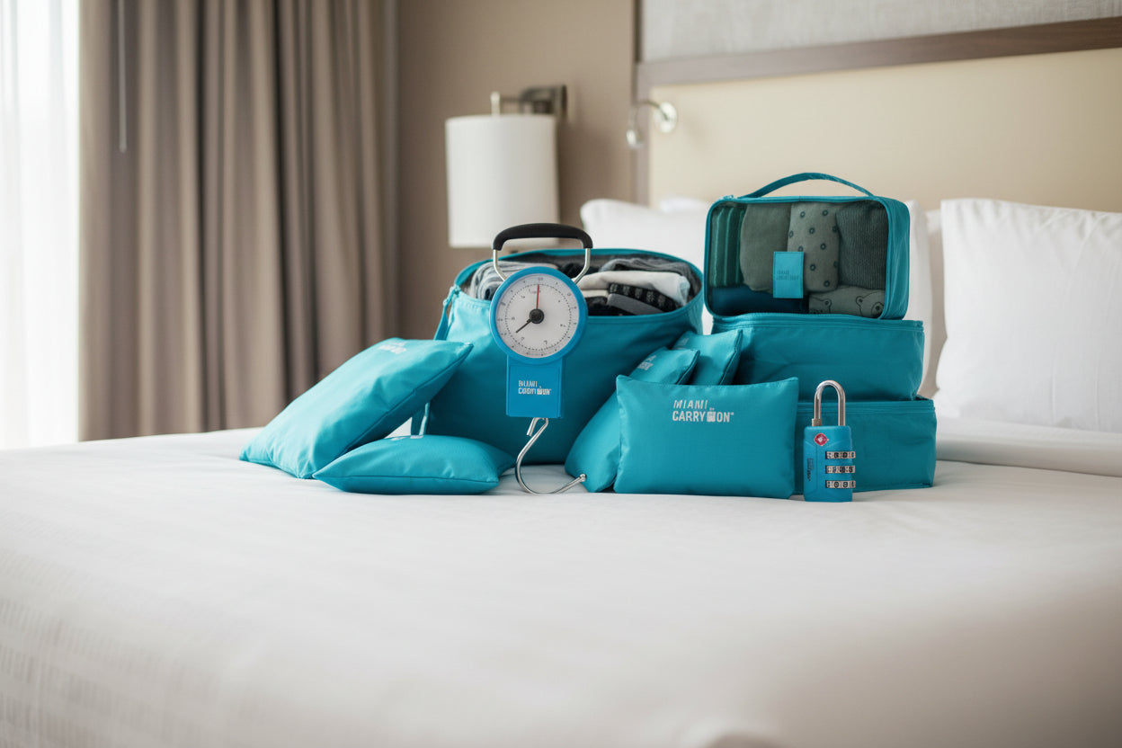 Collection of travel-related items including a blue scale, bag, and lock on a white background.