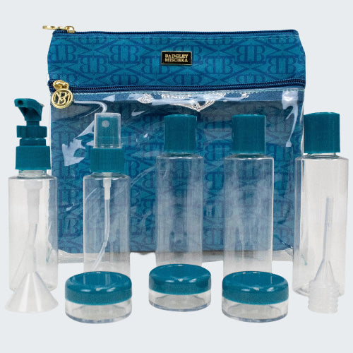 Travel-sized cosmetic set with blue accents and a patterned pouch.