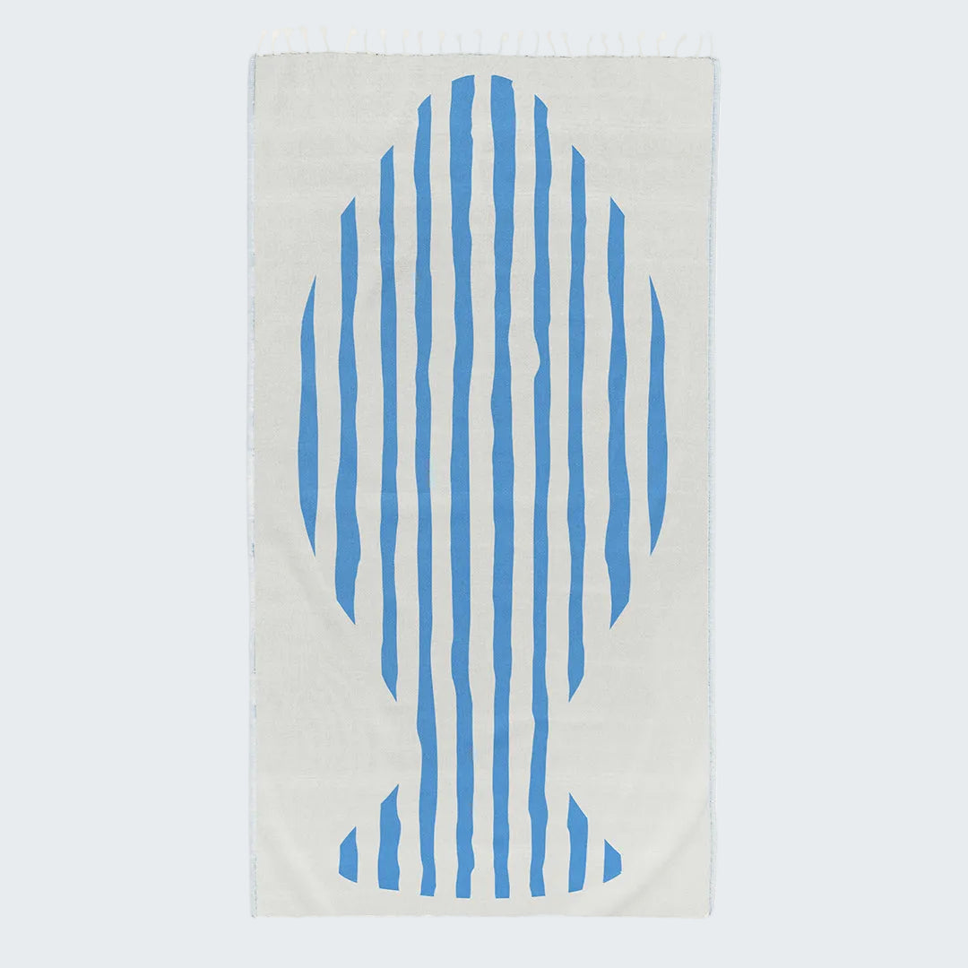 Beige towel with blue vertical stripes on a white background