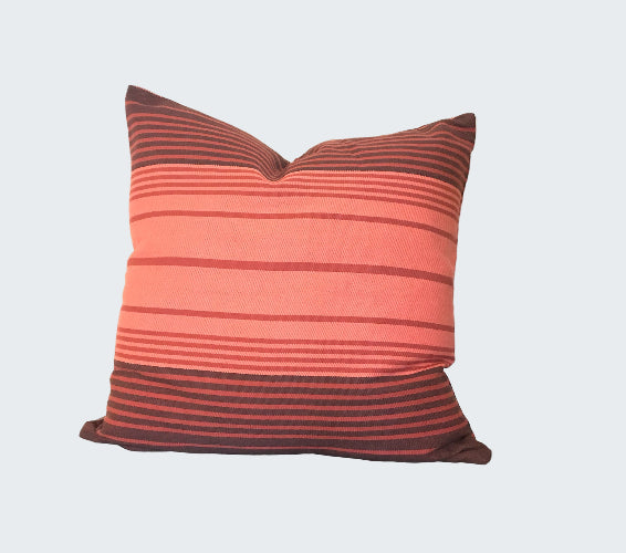 Striped pillow with red and brown pattern on a wooden surface next to a plant