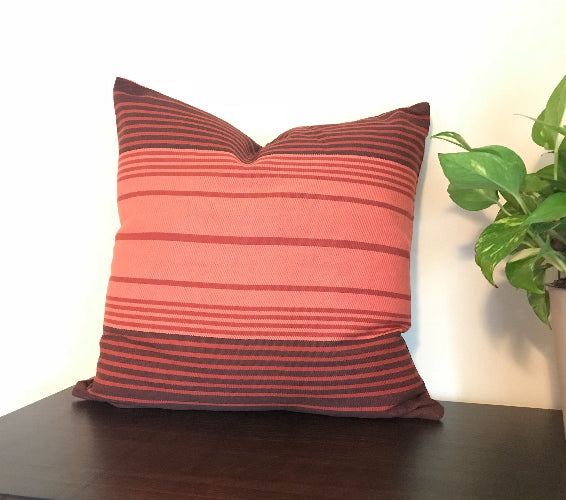 Striped pillow with red and brown pattern on a wooden surface next to a plant.