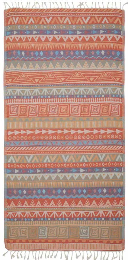 Patterned rug with geometric design in red, blue, and beige on a white background