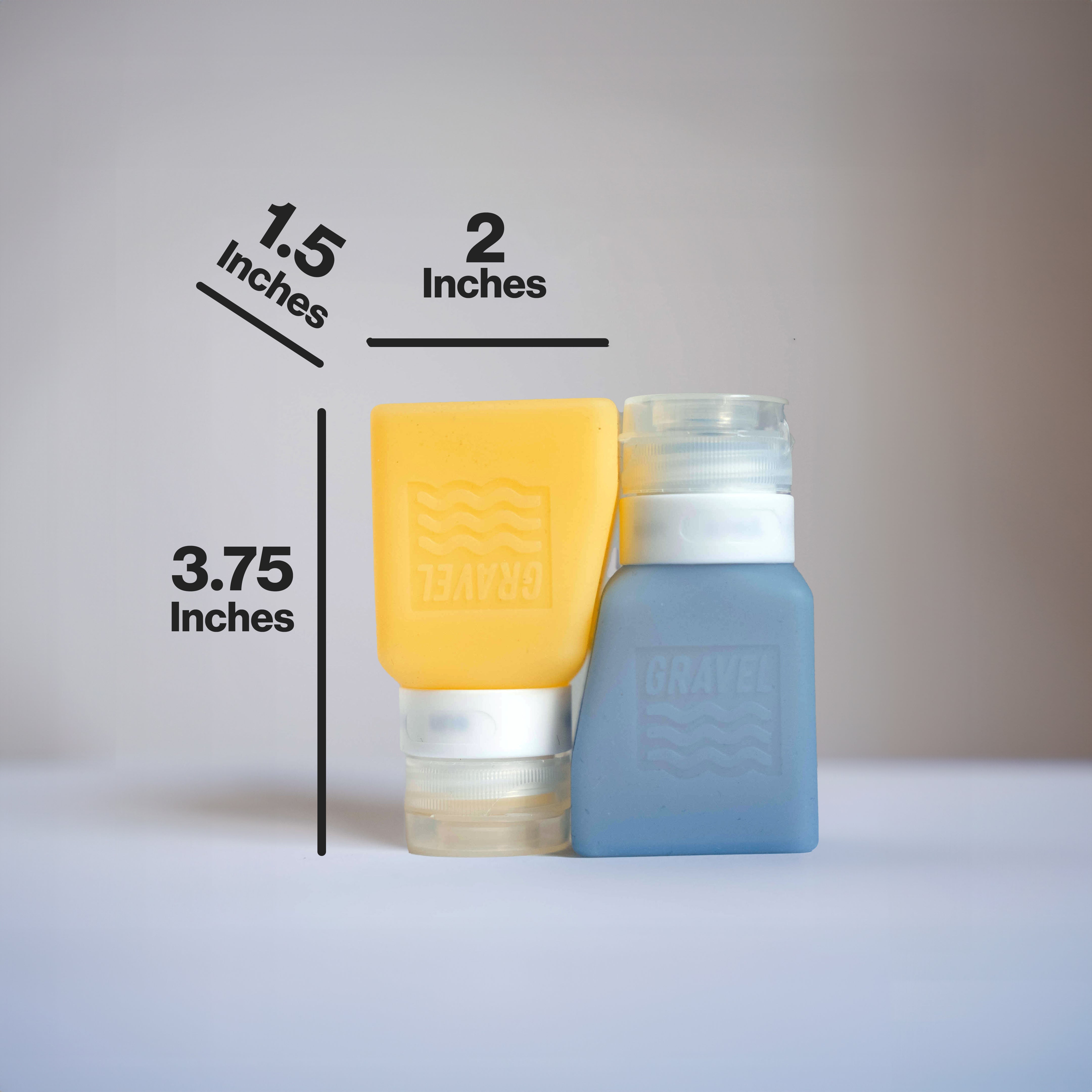 Two bottles, one yellow and one blue, with measurements indicated on a gray background.