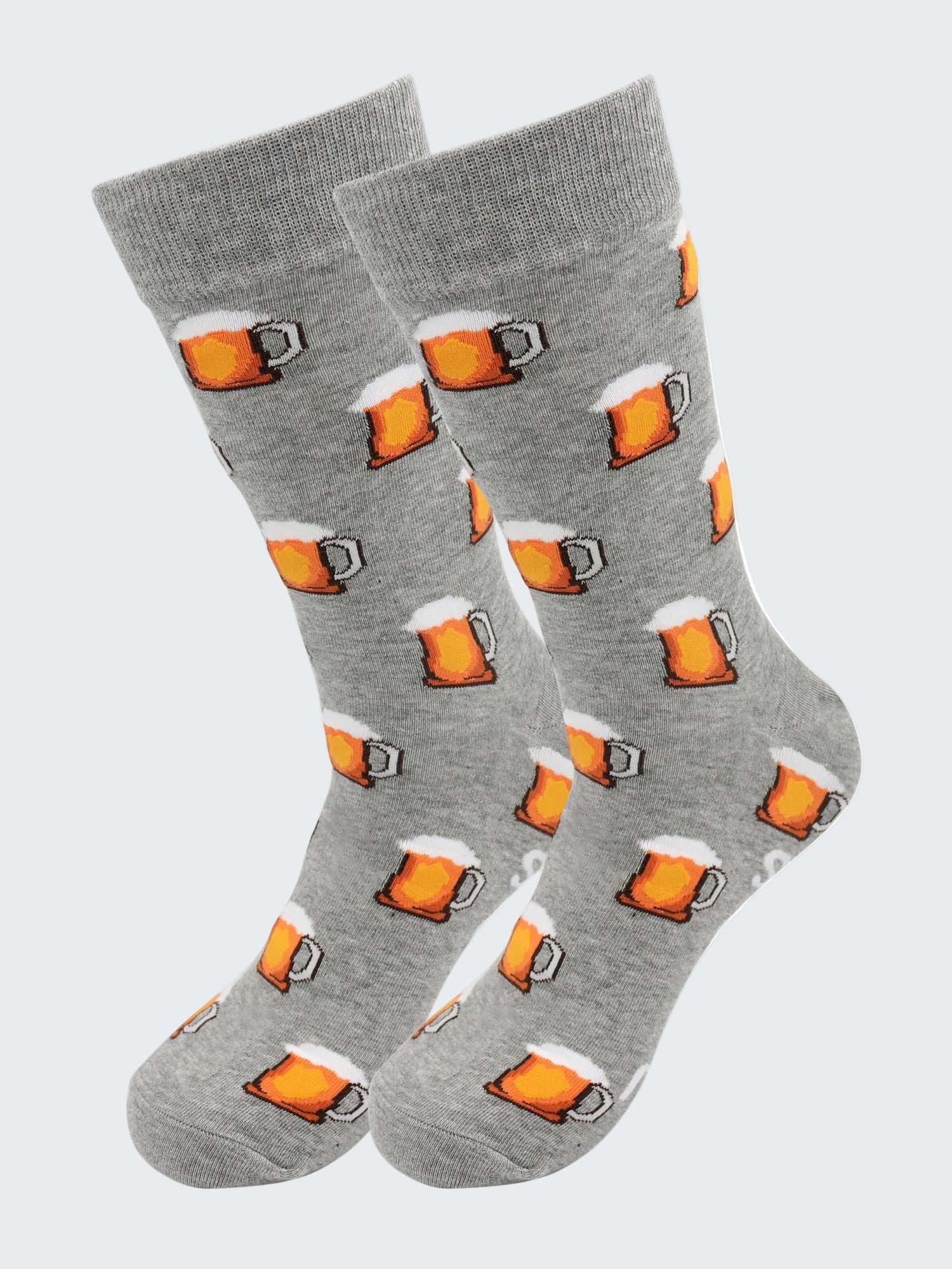 Gray socks with beer mug pattern on a white background