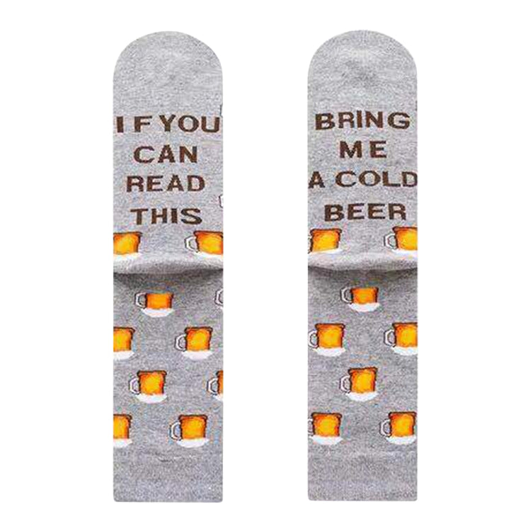 Gray socks with text and beer mug patterns on a white background