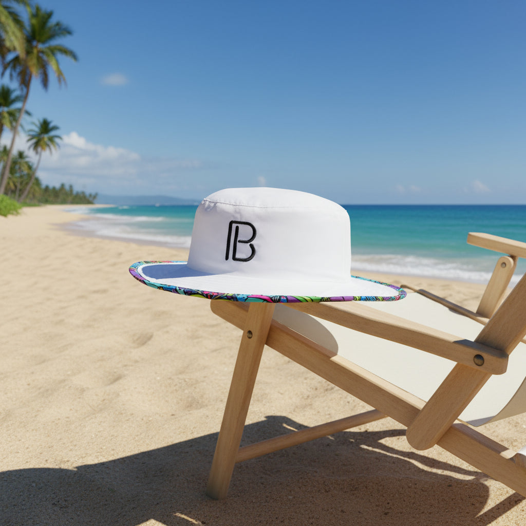 White bucket hat with colorful rim and black logo on a light blue background