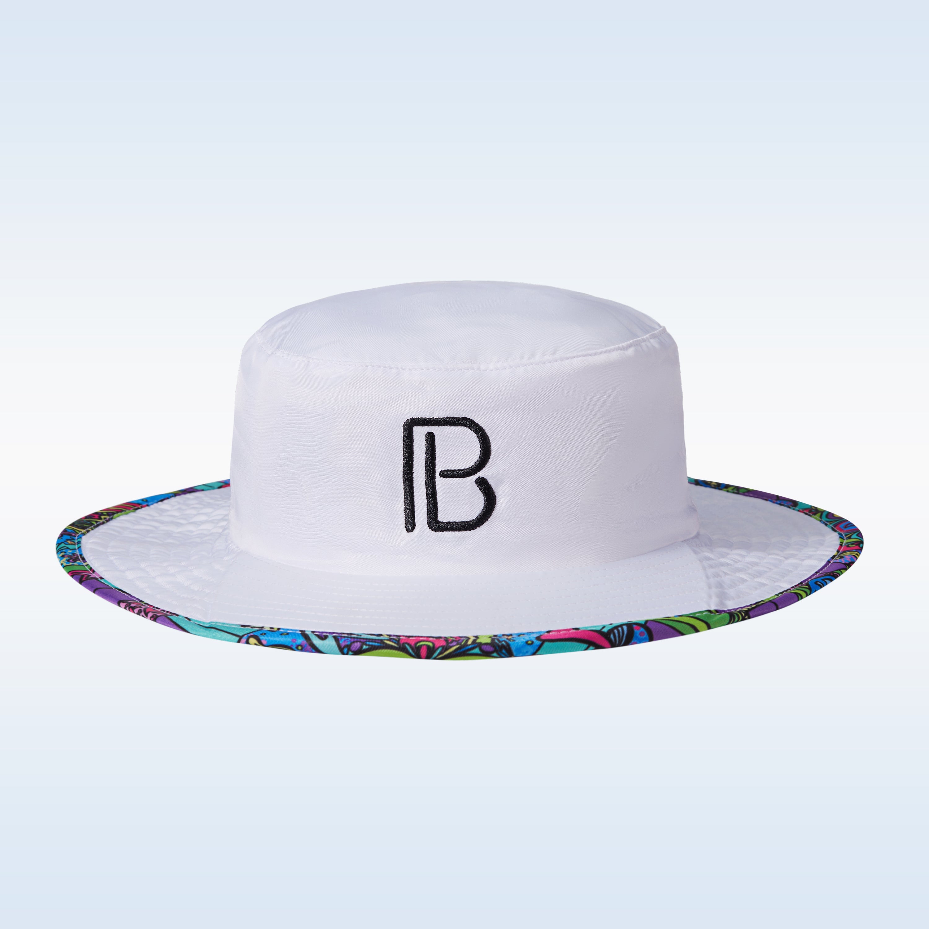 White bucket hat with colorful rim and black logo on a light blue background