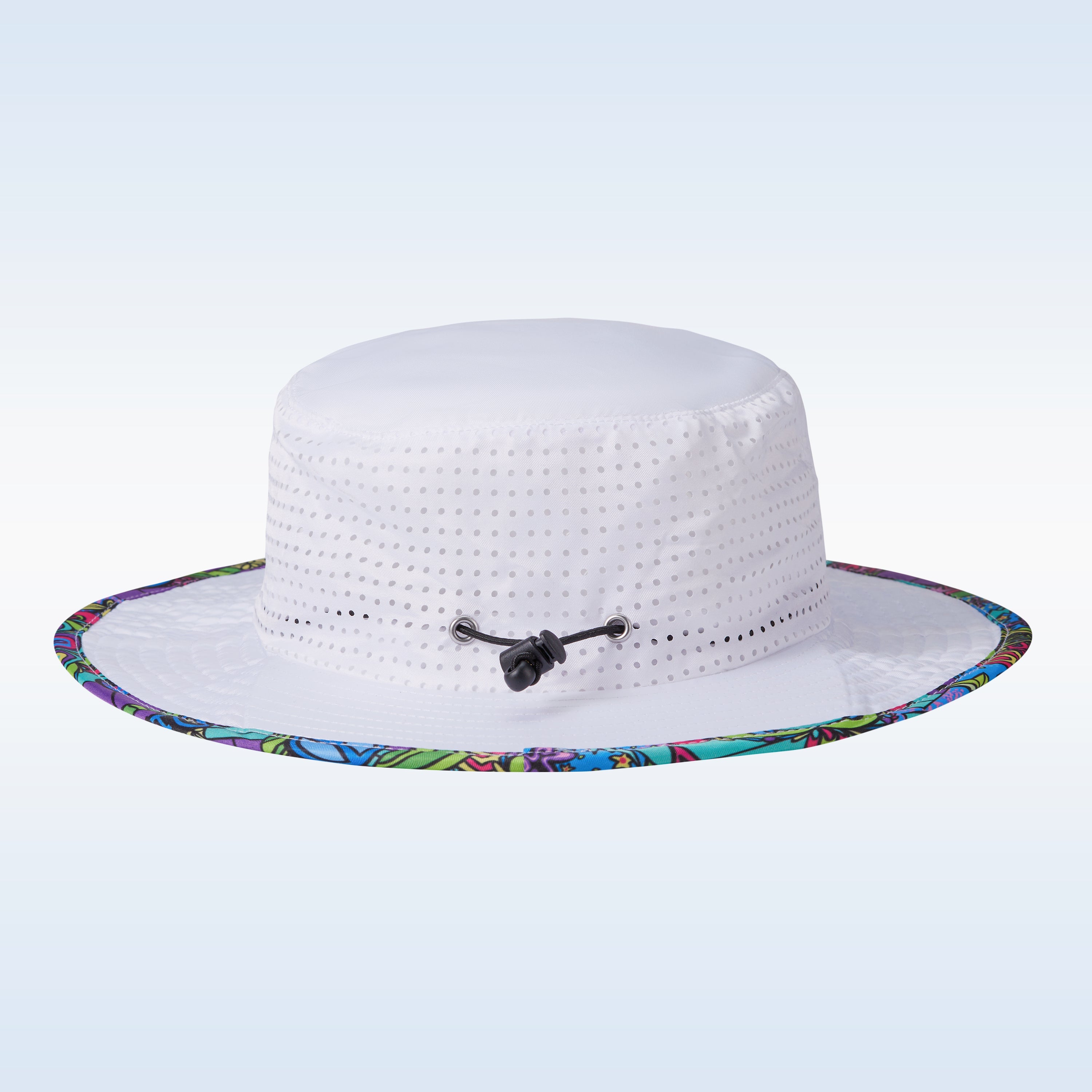 White sun hat with colorful brim on a light blue background