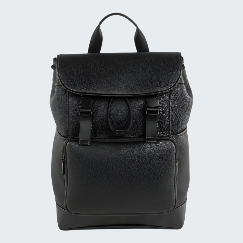 Black leather backpack on a white background