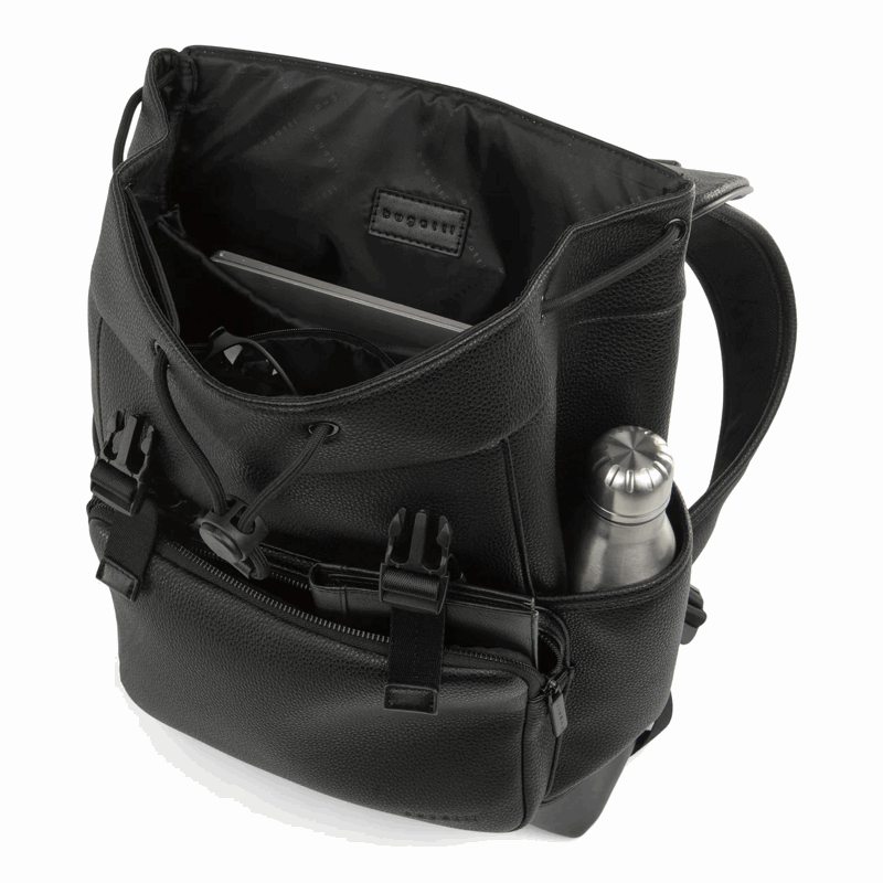 Black backpack with a water bottle on a white background