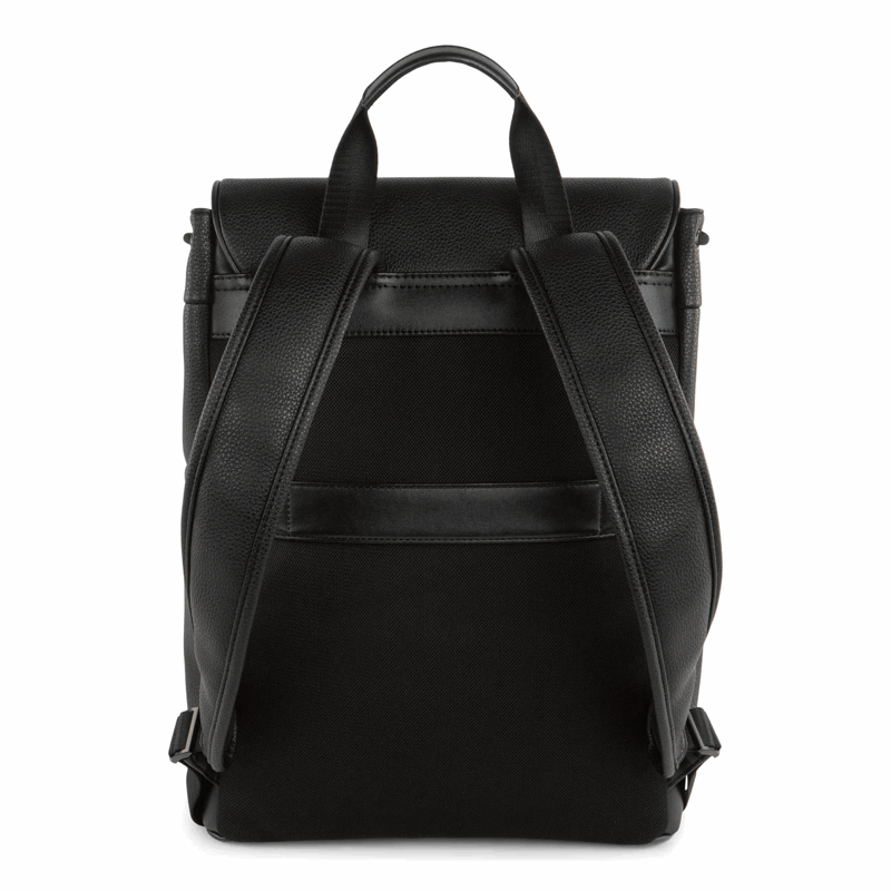 Black leather backpack on a white background