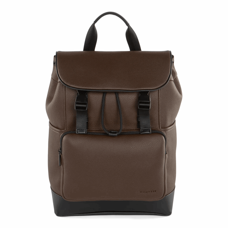 Brown backpack with black accents on a white background