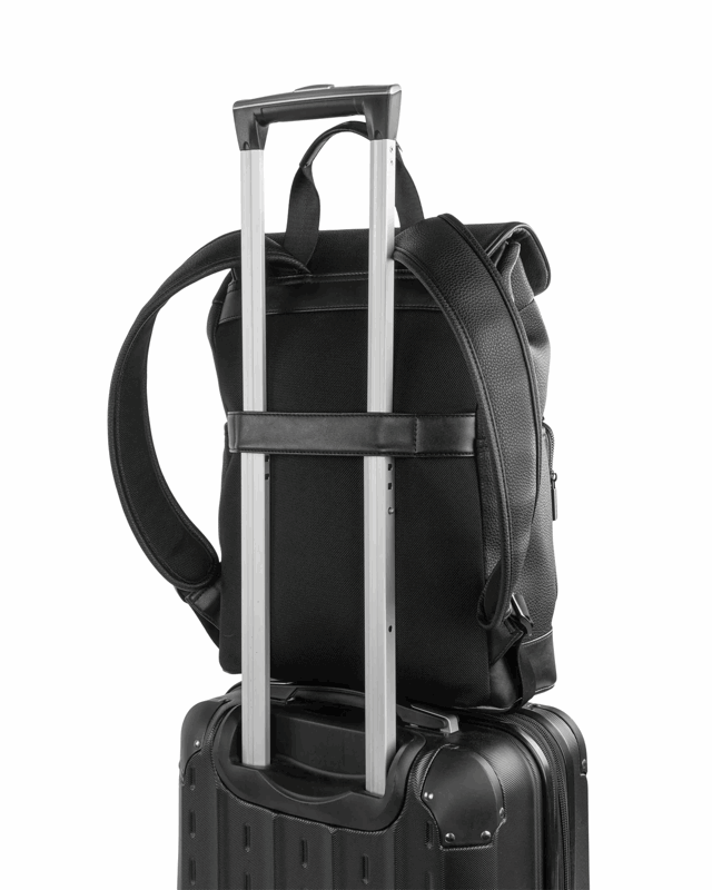 Black backpack with rolling handle on a white background