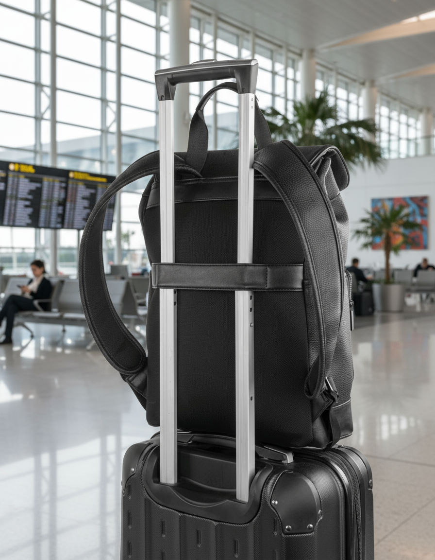 Black backpack with rolling handle on a white background