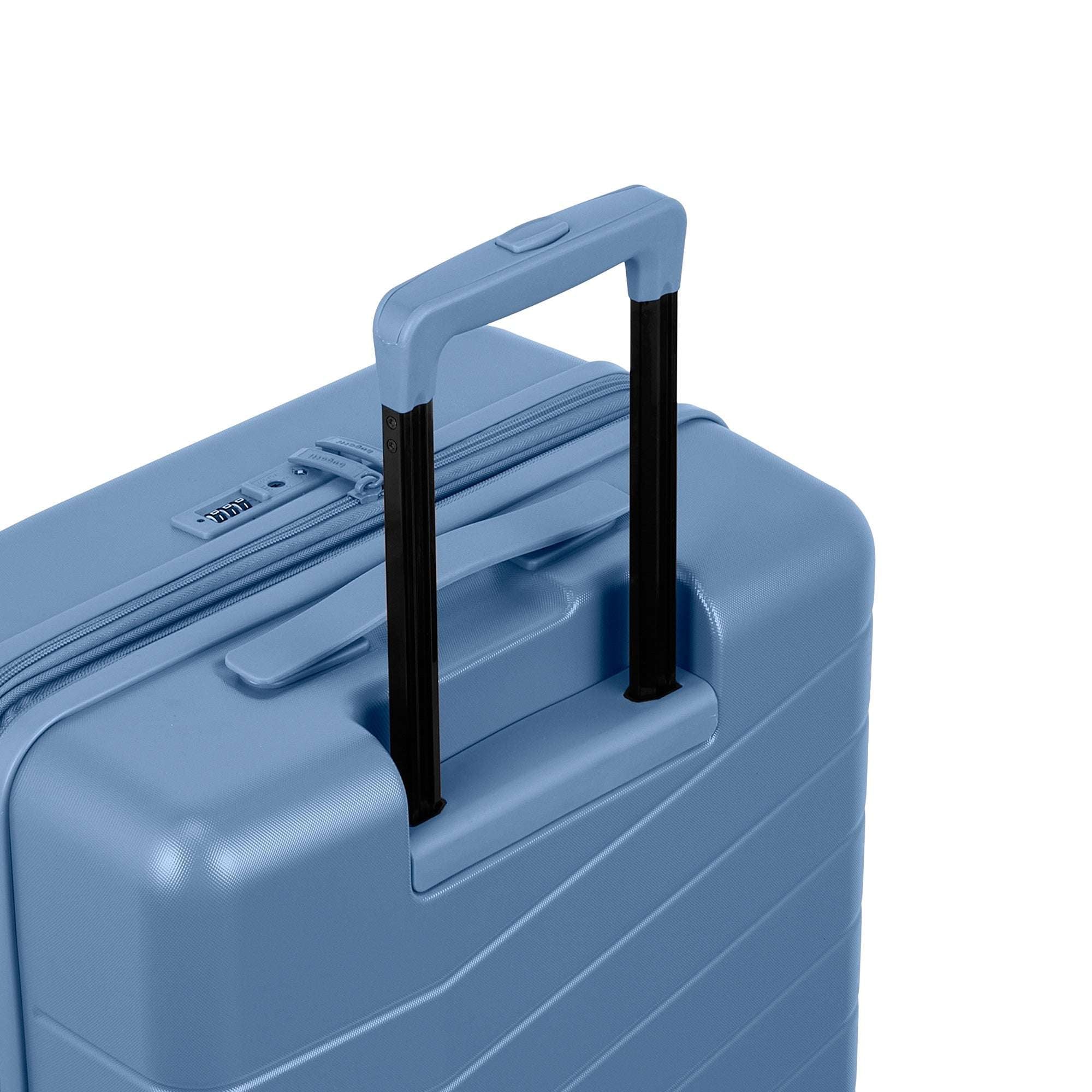 Blue suitcase with black handle on a white background