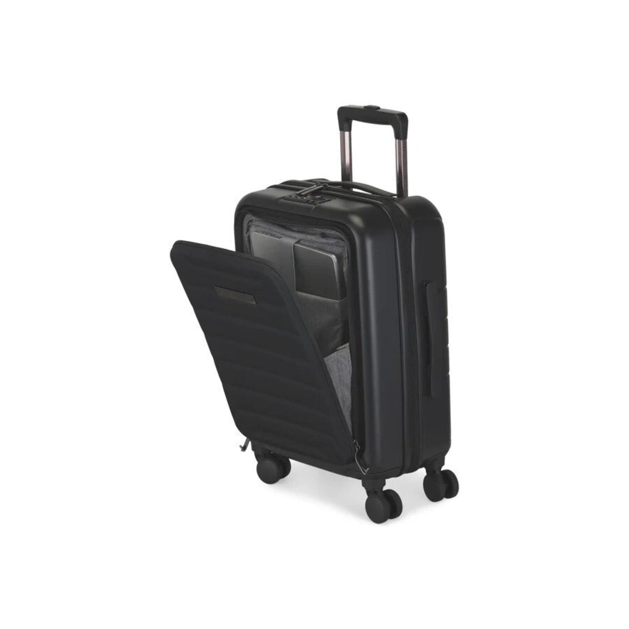 Black suitcase with open front compartment on a white background