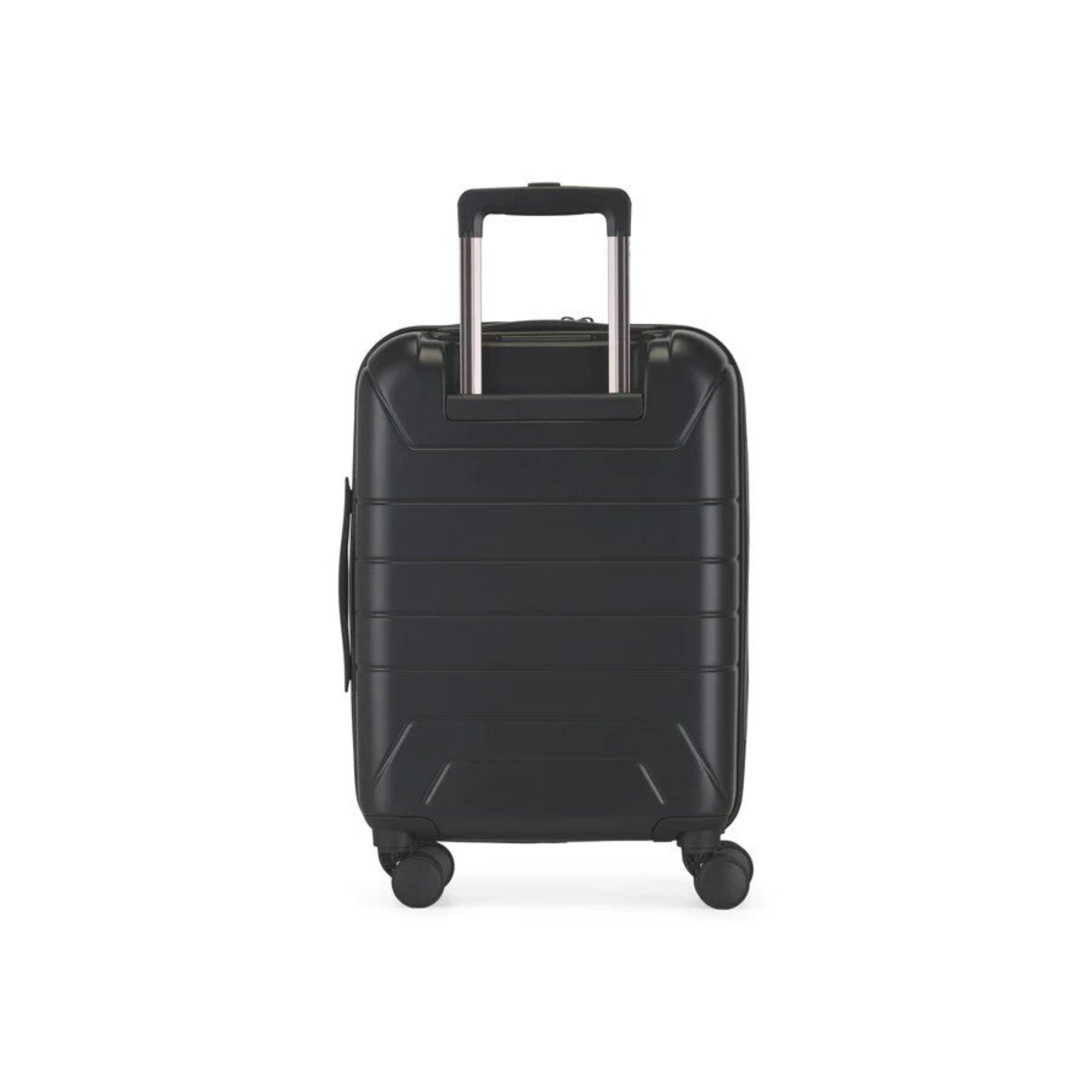 Black suitcase with wheels on a white background