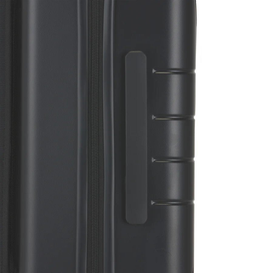 Close-up of a black suitcase handle on a white background