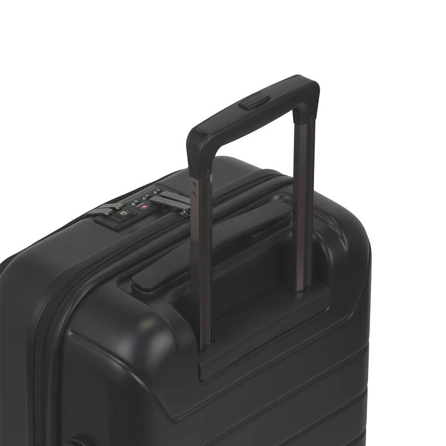 Black suitcase with handle on a white background