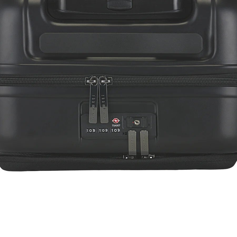 Close-up of a black suitcase with a TSA lock on a white background
