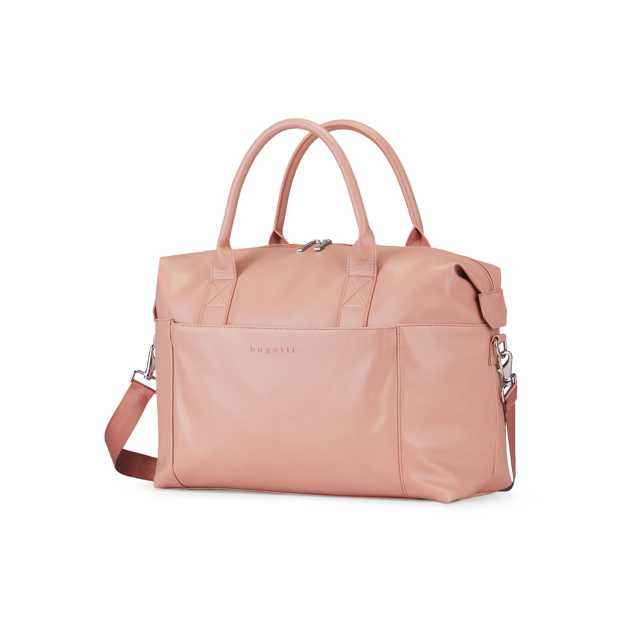 Pink handbag with a shoulder strap on a white background