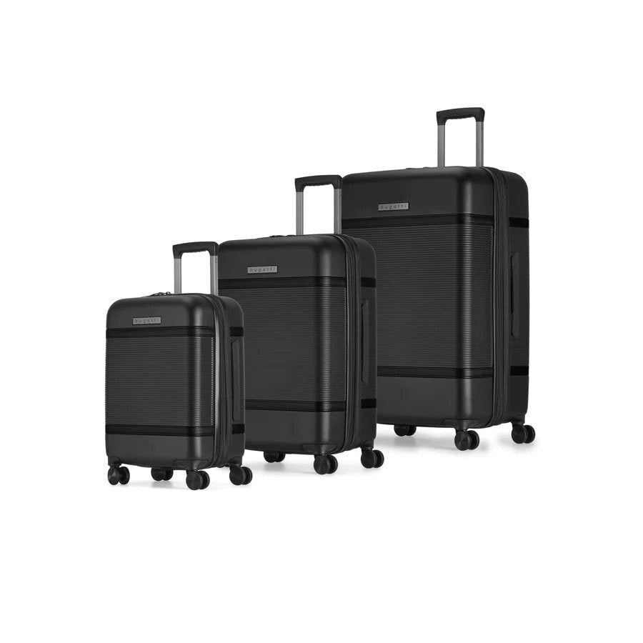 Set of three black suitcases of different sizes on a white background