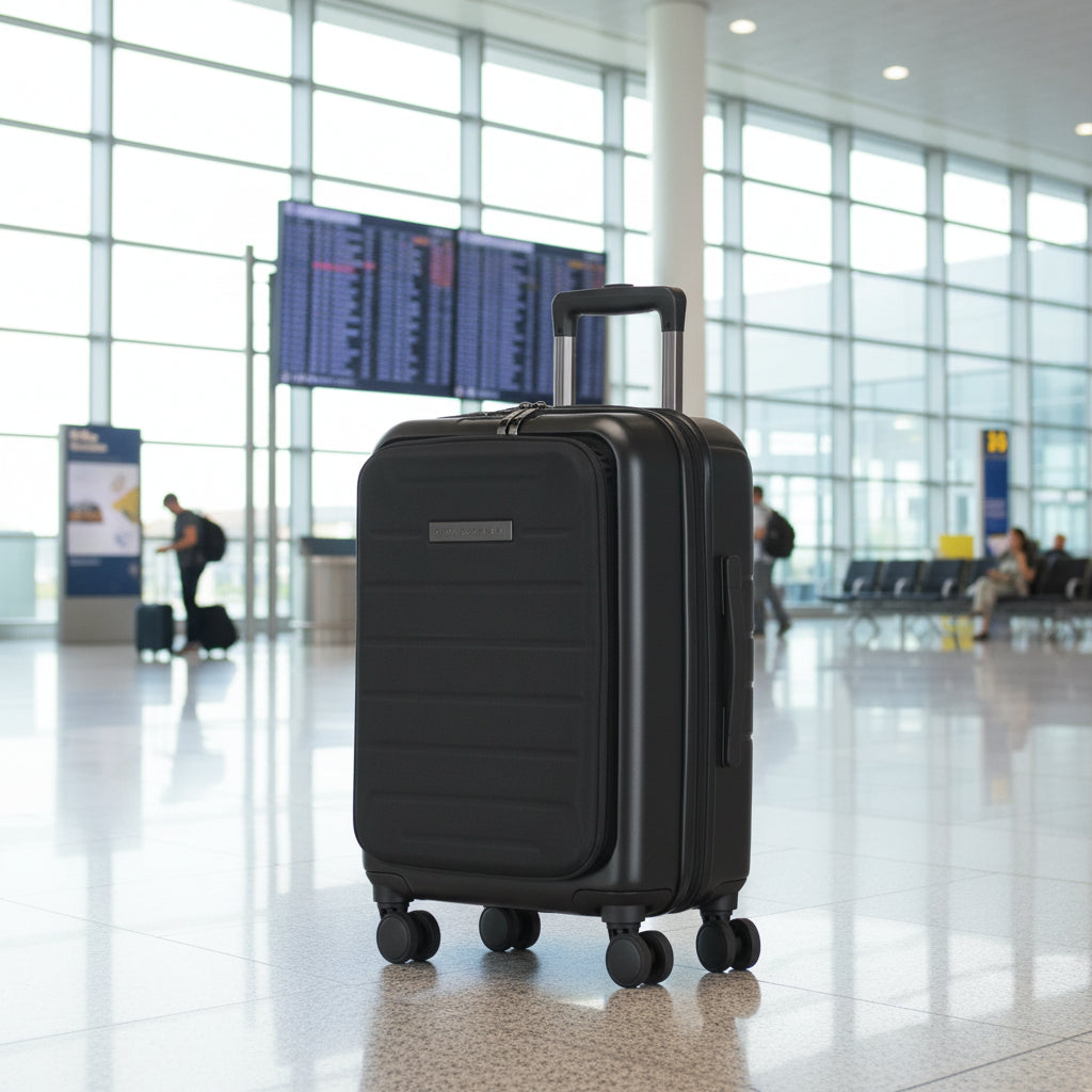 Black suitcase with wheels on a white background