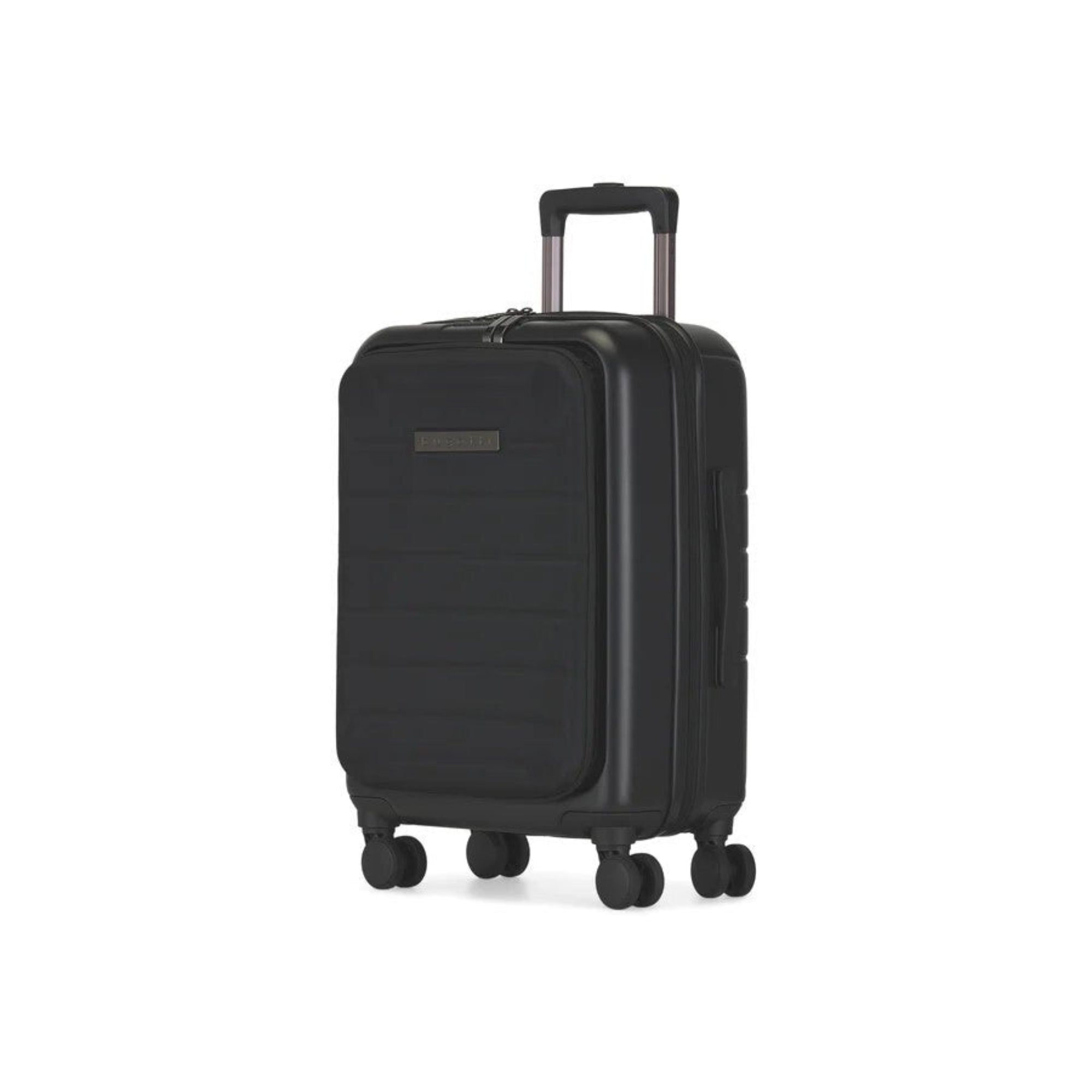 Black suitcase with wheels on a white background