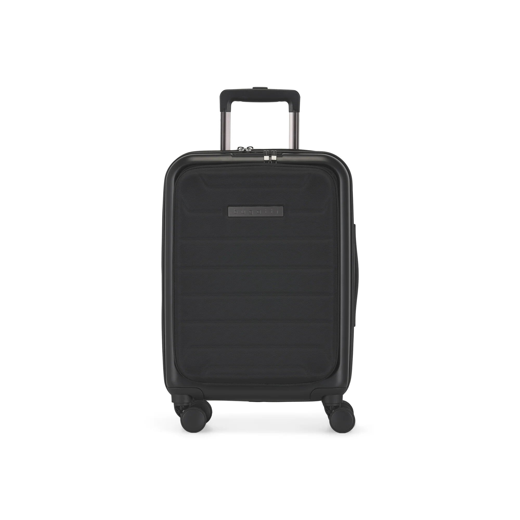 Black suitcase with wheels on a white background
