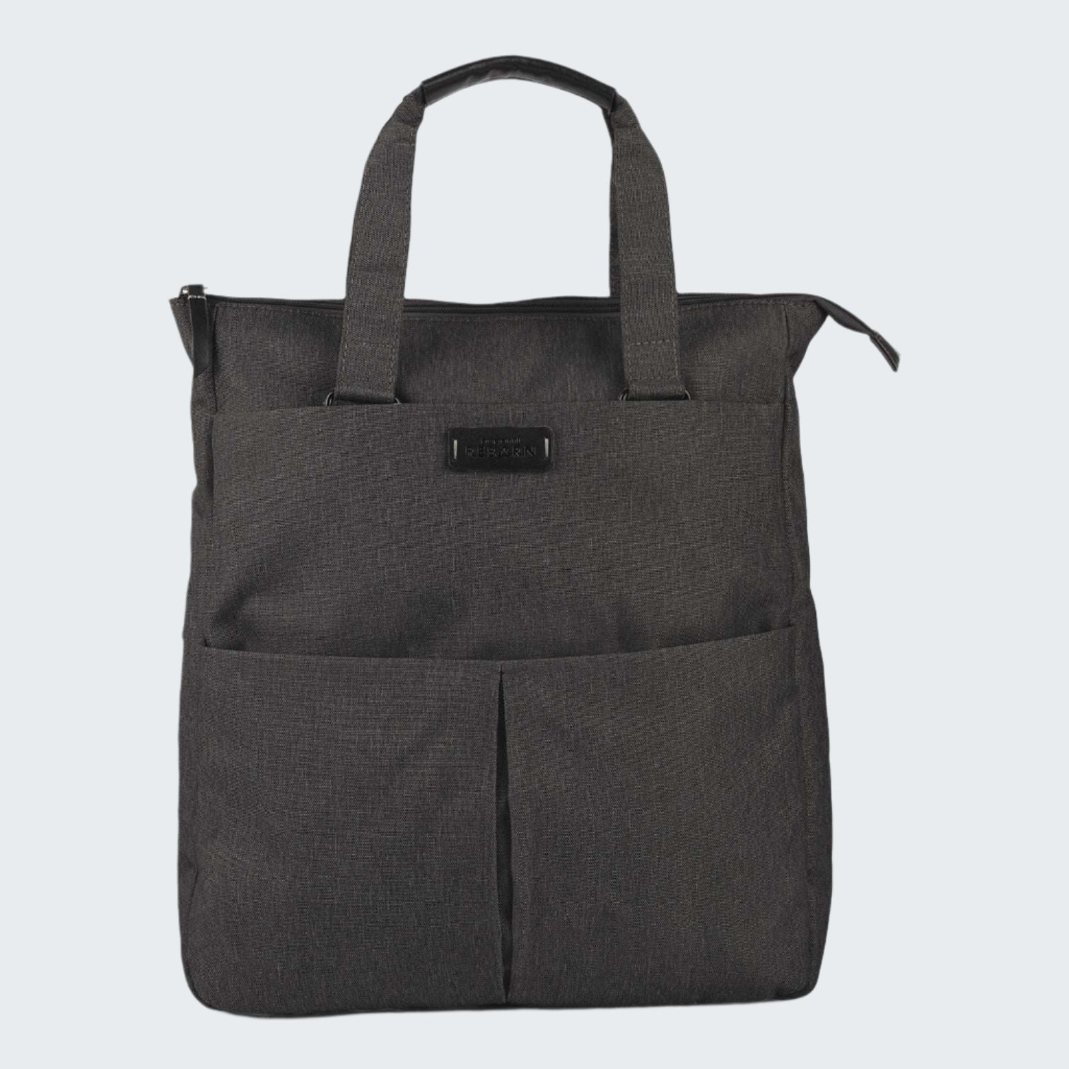 Black tote bag with a visible brand label on a white background