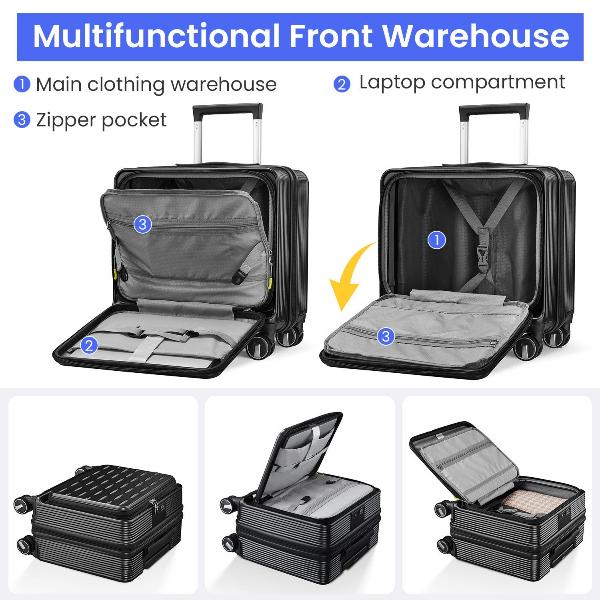 Black Hard Case Carry On Luggage with Front Open Door and Laptop Interlayer