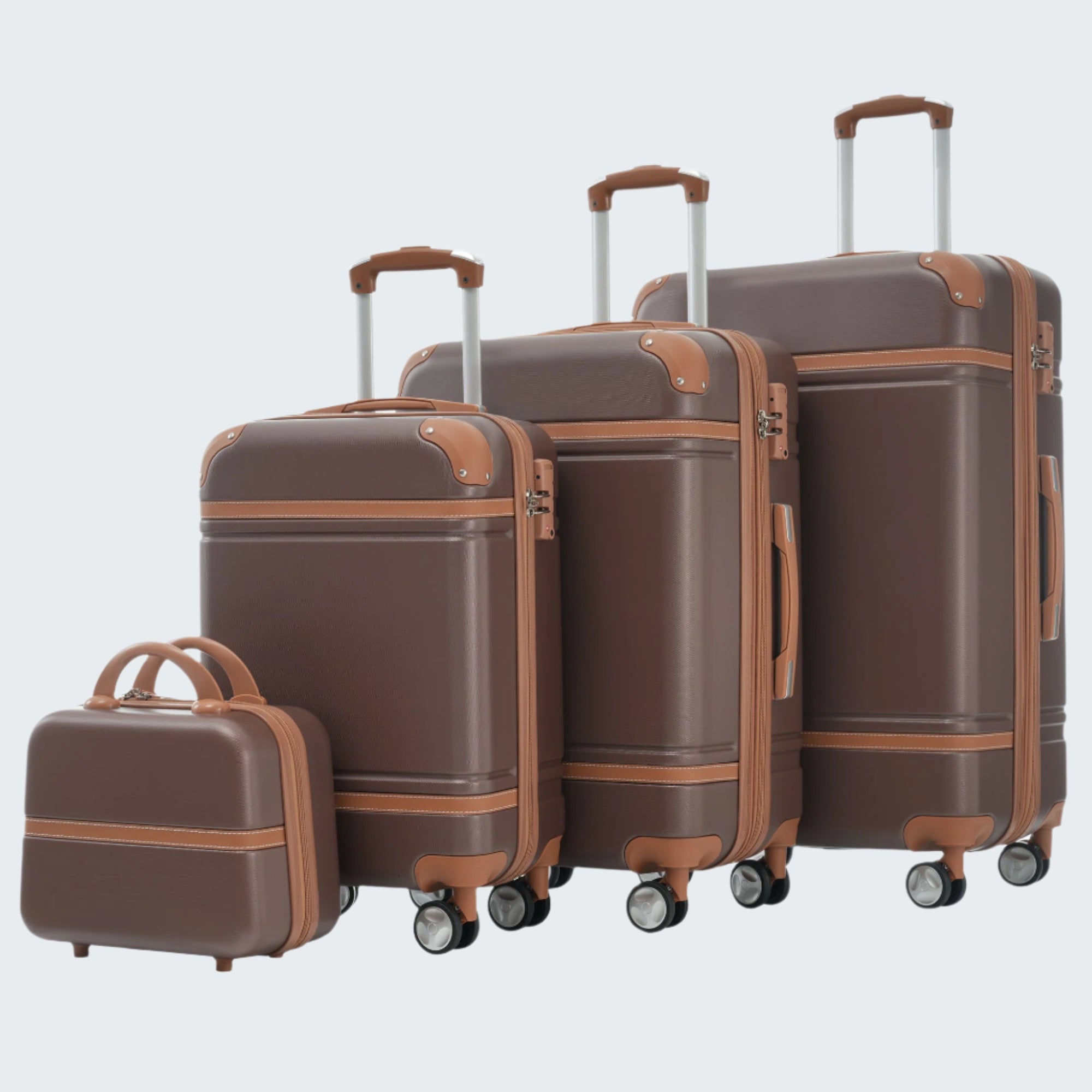 A set of four brown hardshell spinner suitcases with TSA locks, including a carry-on and three larger suitcases.