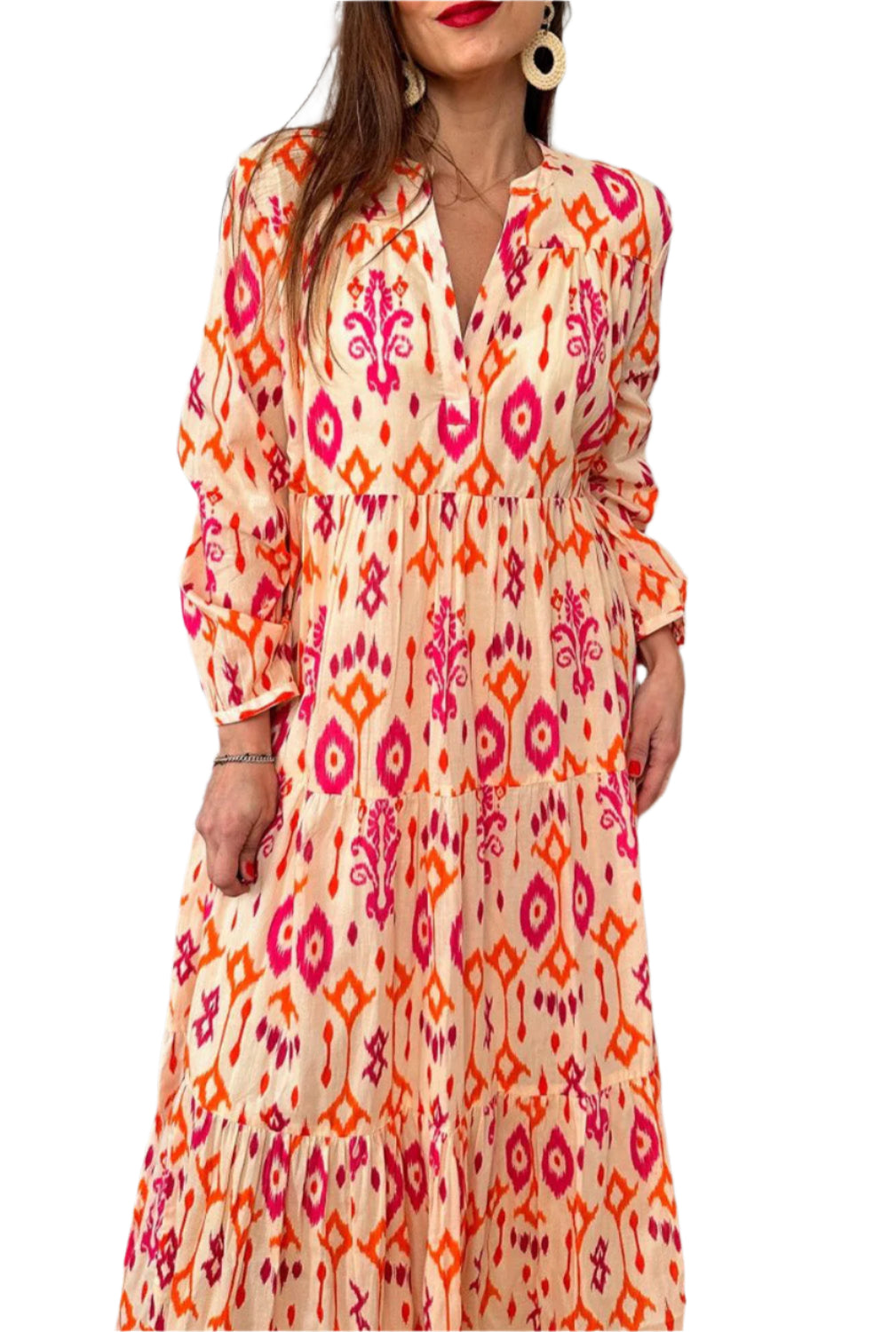 Orange Western Abstract Geometric Printed Maxi Dress