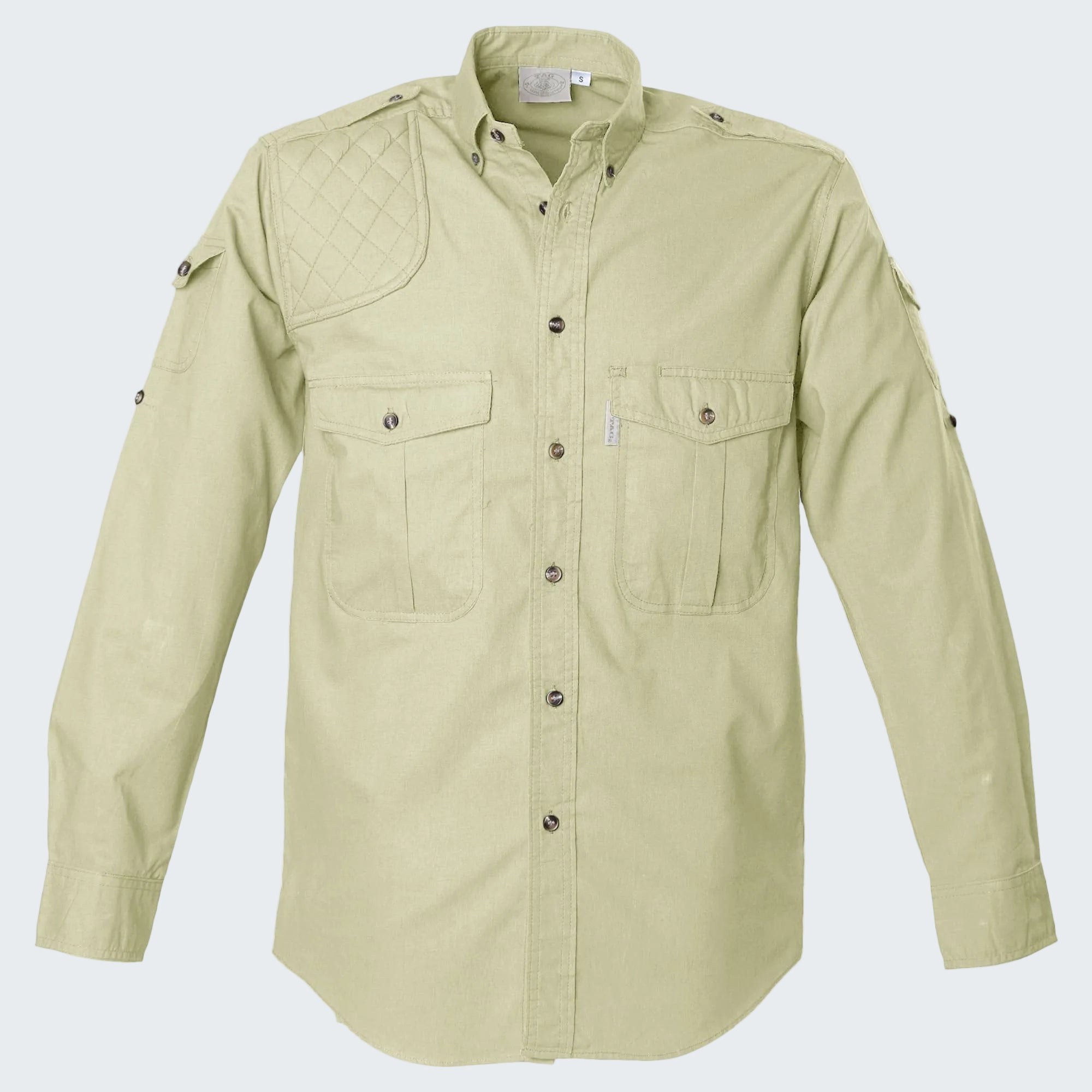 Light green shirt with button details on a white background