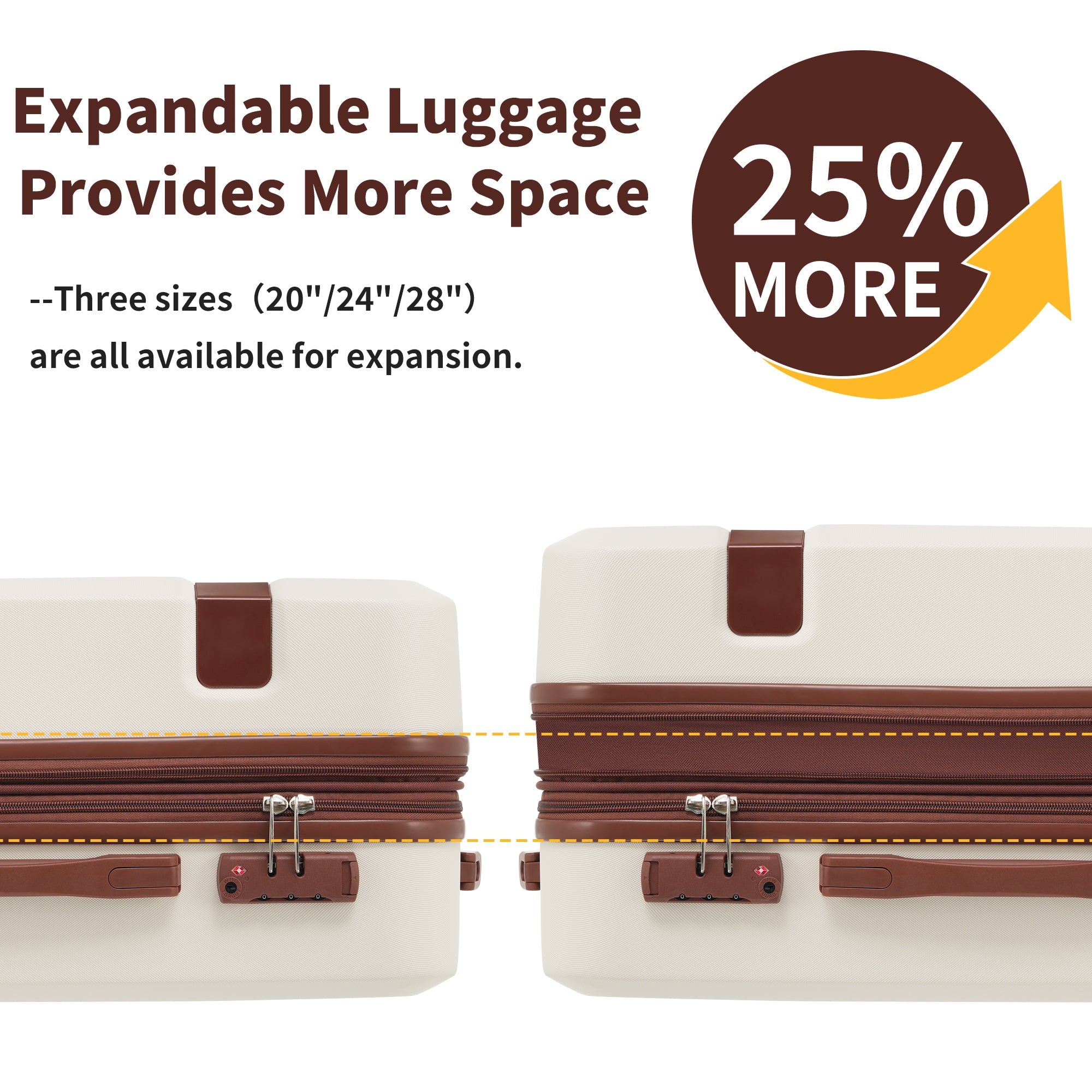 Brown and White Four Piece Luggage Set with Compression Packing Cubes for Suitcase Expandable Spinner Wheels Lightweight Suitcase with TSA Lock 16 IN+20IN+24IN+28IN